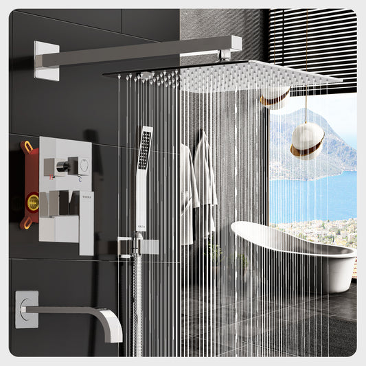 Tub Shower Faucet Set Luxury Bathroom Rainfall Polished Chrome