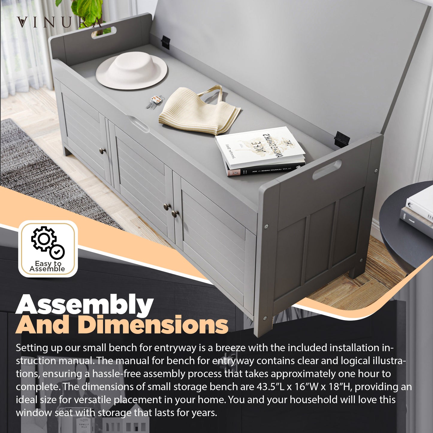 Storage Bench for Entryway - Gray Wash 43” Entryway Bench with Storage