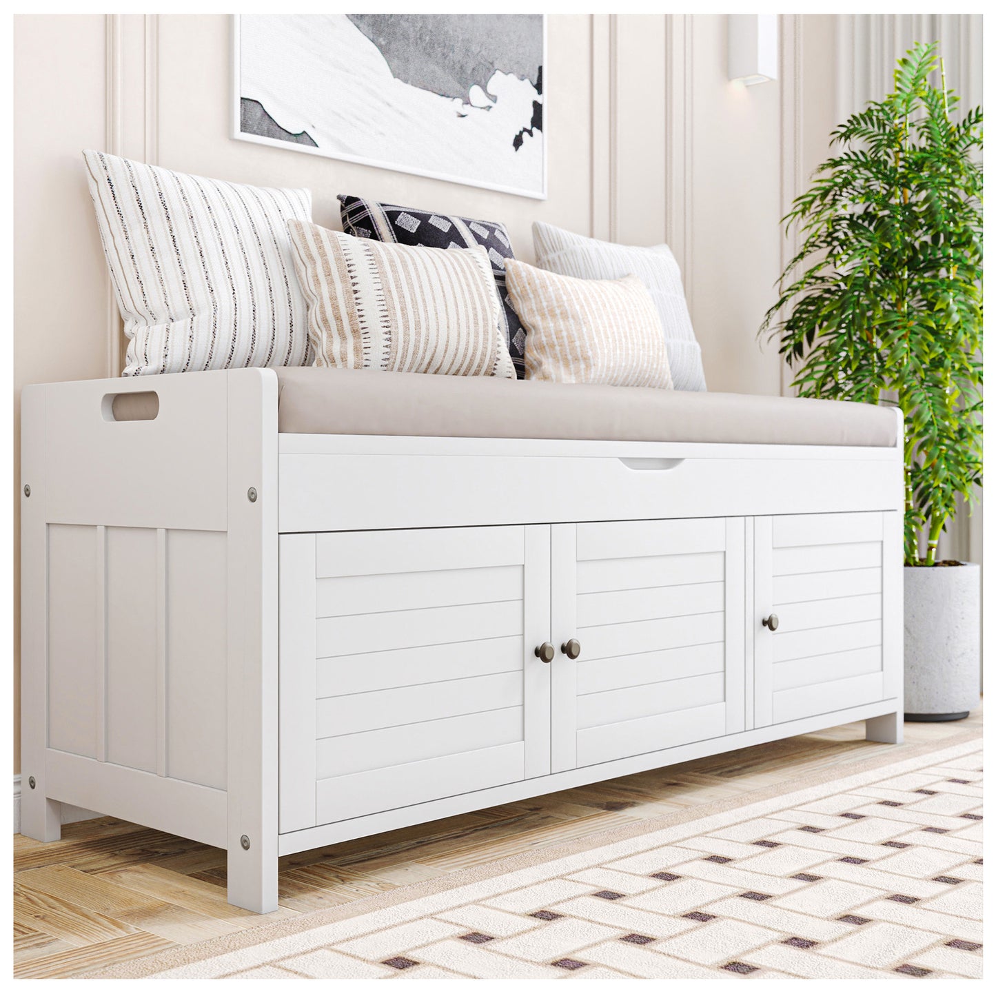 Storage Bench for Entryway - White 43” White Shoe Rack with Bench