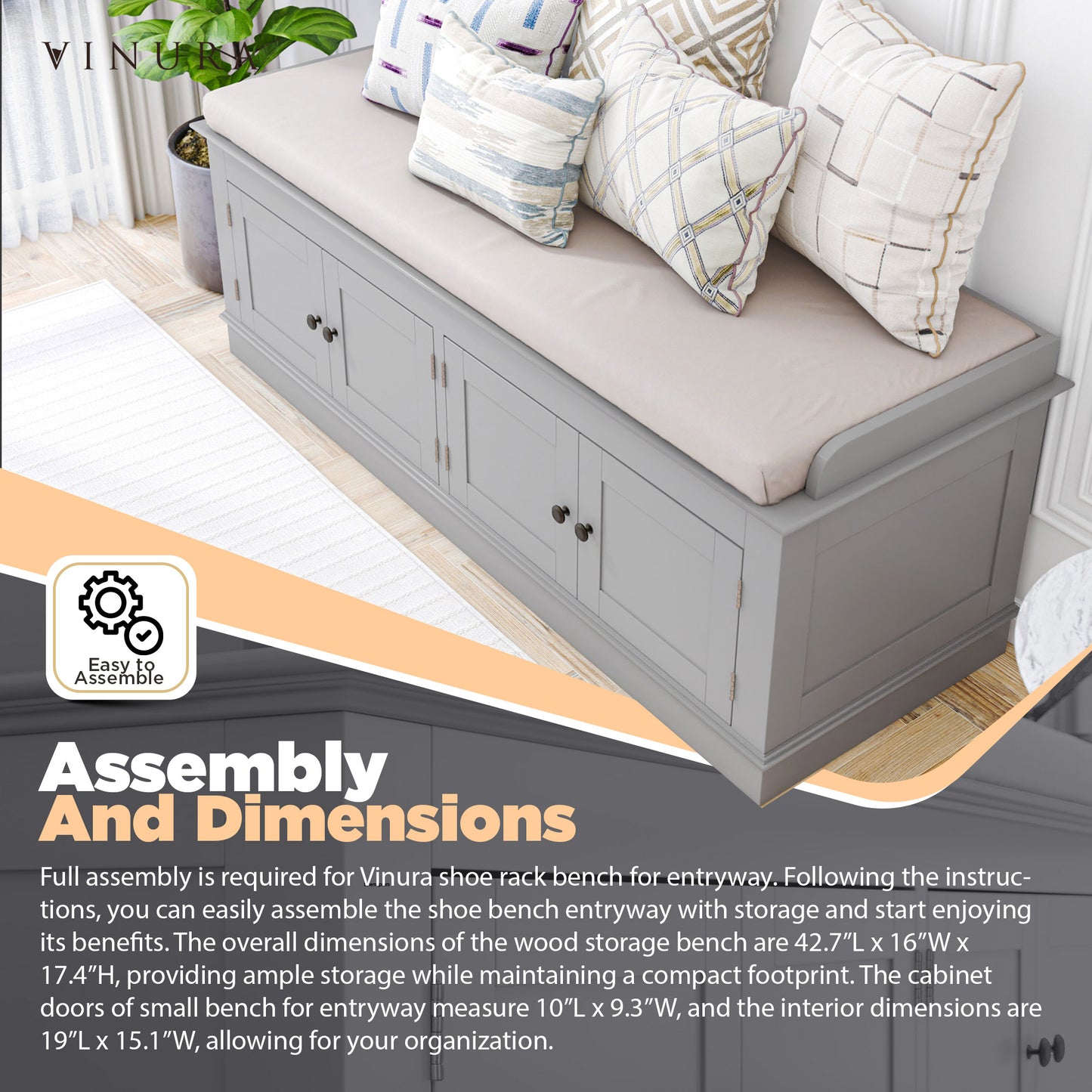 Modern Storage Benches - Gray Wash 42” Bench with Shoe Storage