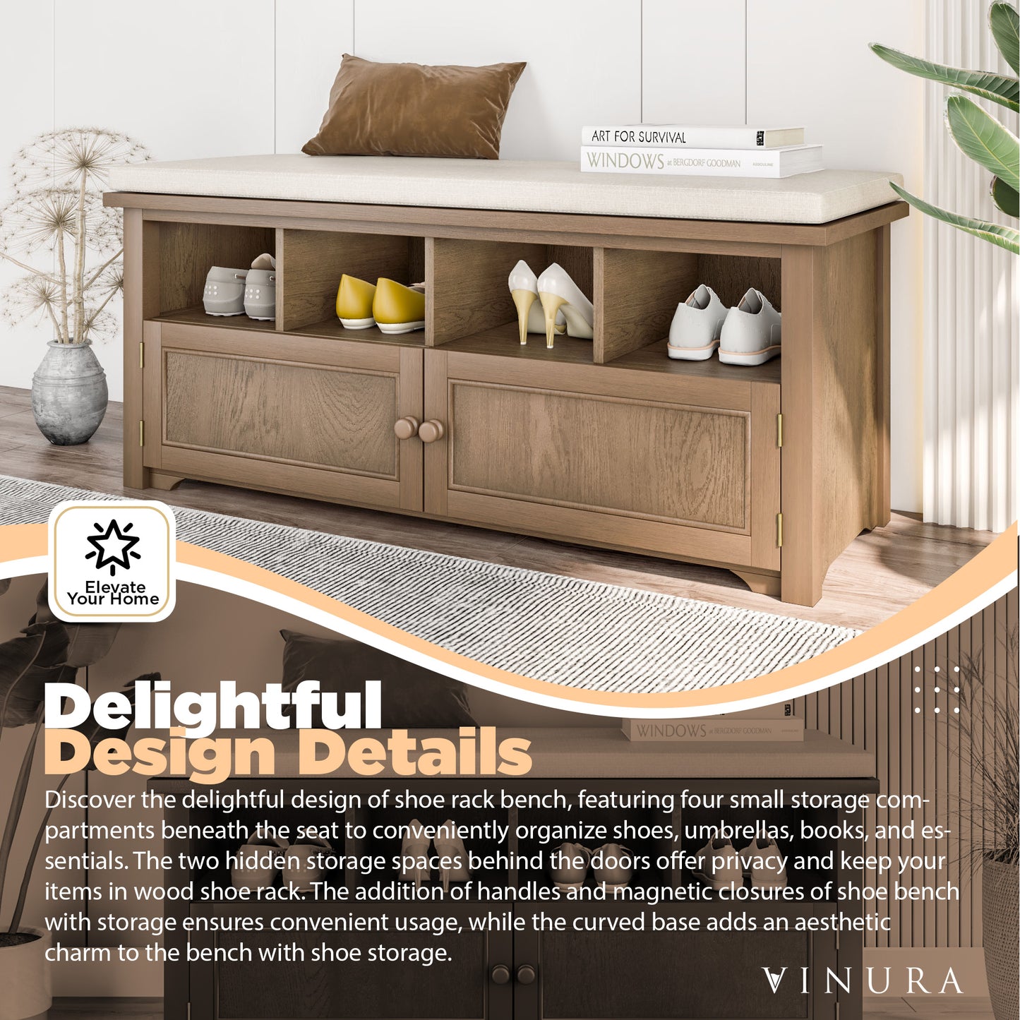 Modern Storage Benches - Brown + Beige 42” Entryway Shoe Storage