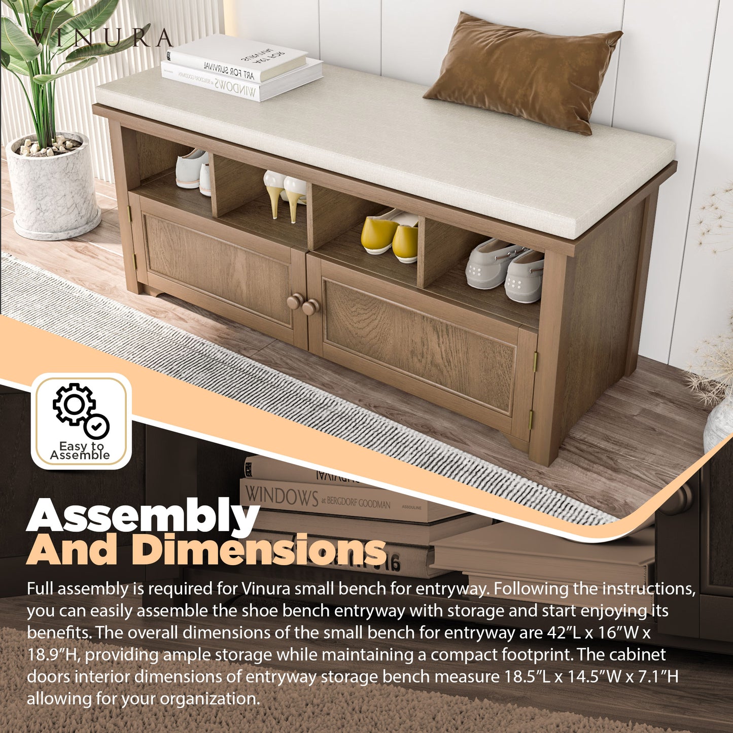 Modern Storage Benches - Brown + Beige 42” Entryway Shoe Storage