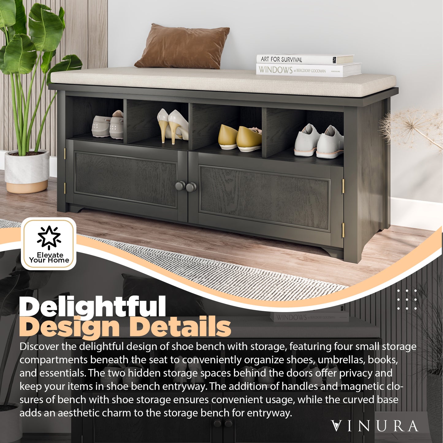 Storage Benches - Dark Gray + Beige 42” Storage Bench for Entryway