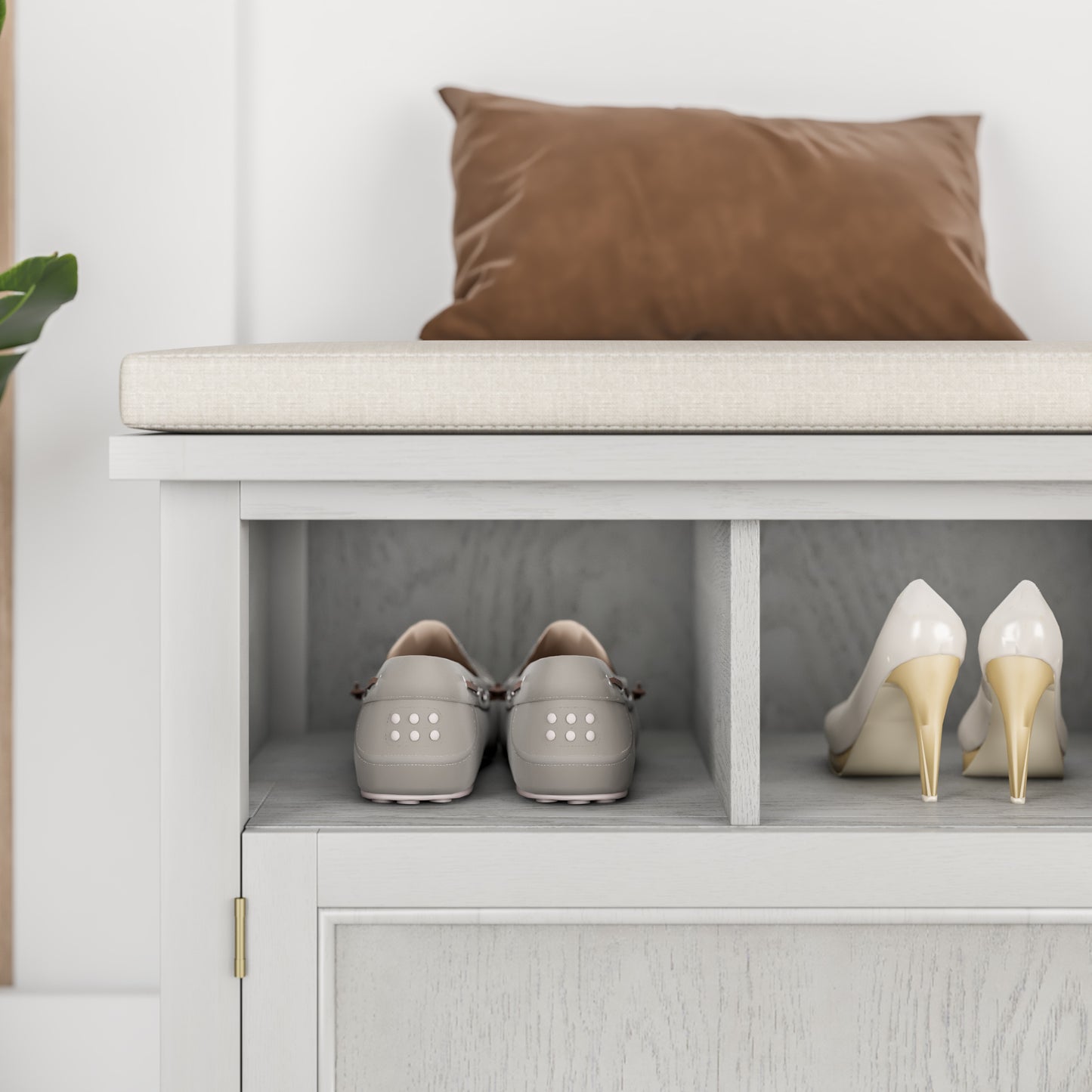 Storage Benches with Seating - White + Beige 42” Shoe Storage Bench