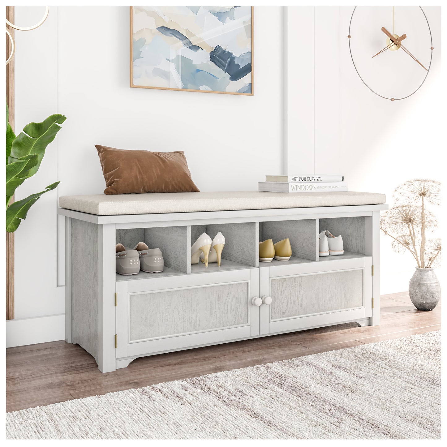 Storage Benches with Seating - White + Beige 42” Shoe Storage Bench