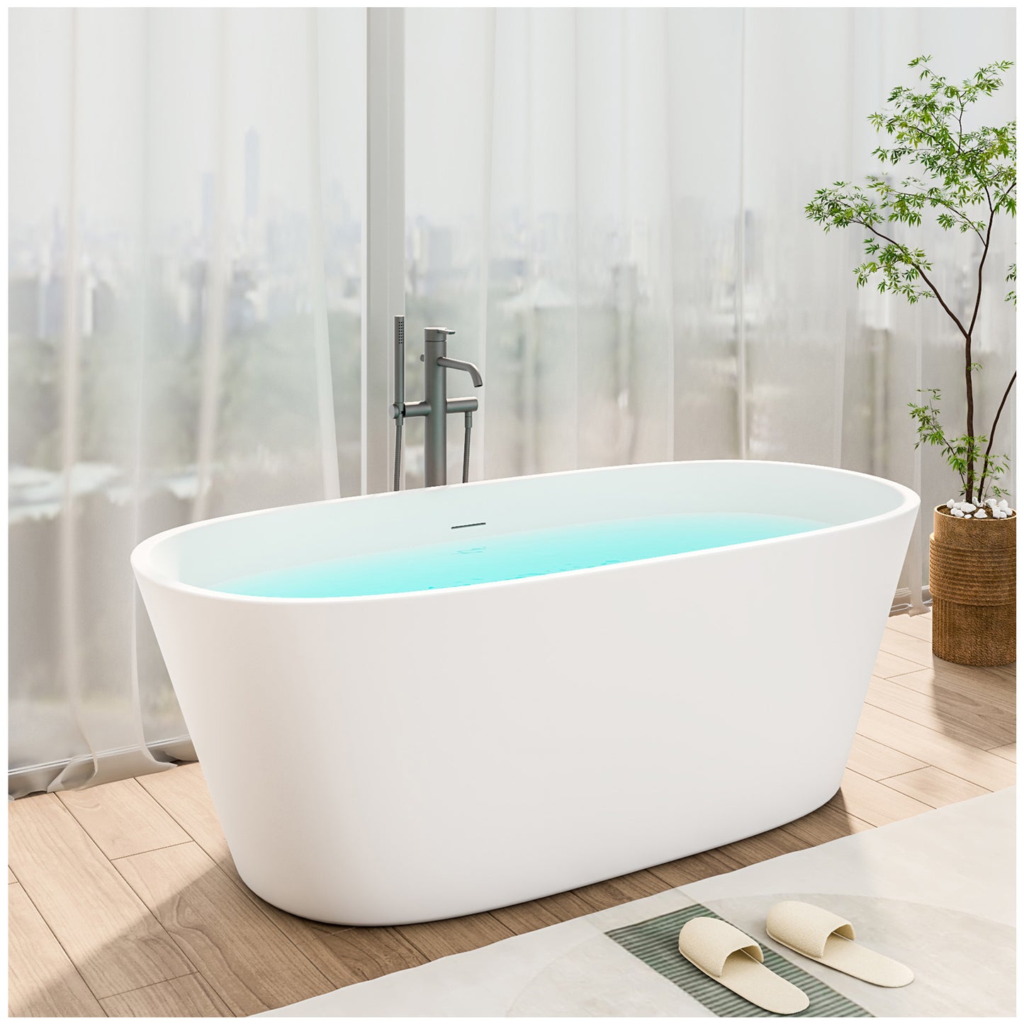 Modern Freestanding Bathtub - 63” White Oval Cold Water Plunge Tub