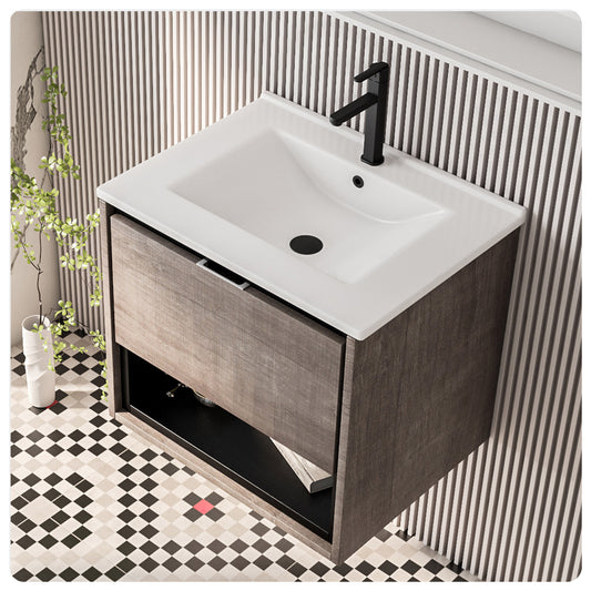 Bathroom Cabinet with Sink - Plaid Grey Oak 24 Inch Vanity with Sink