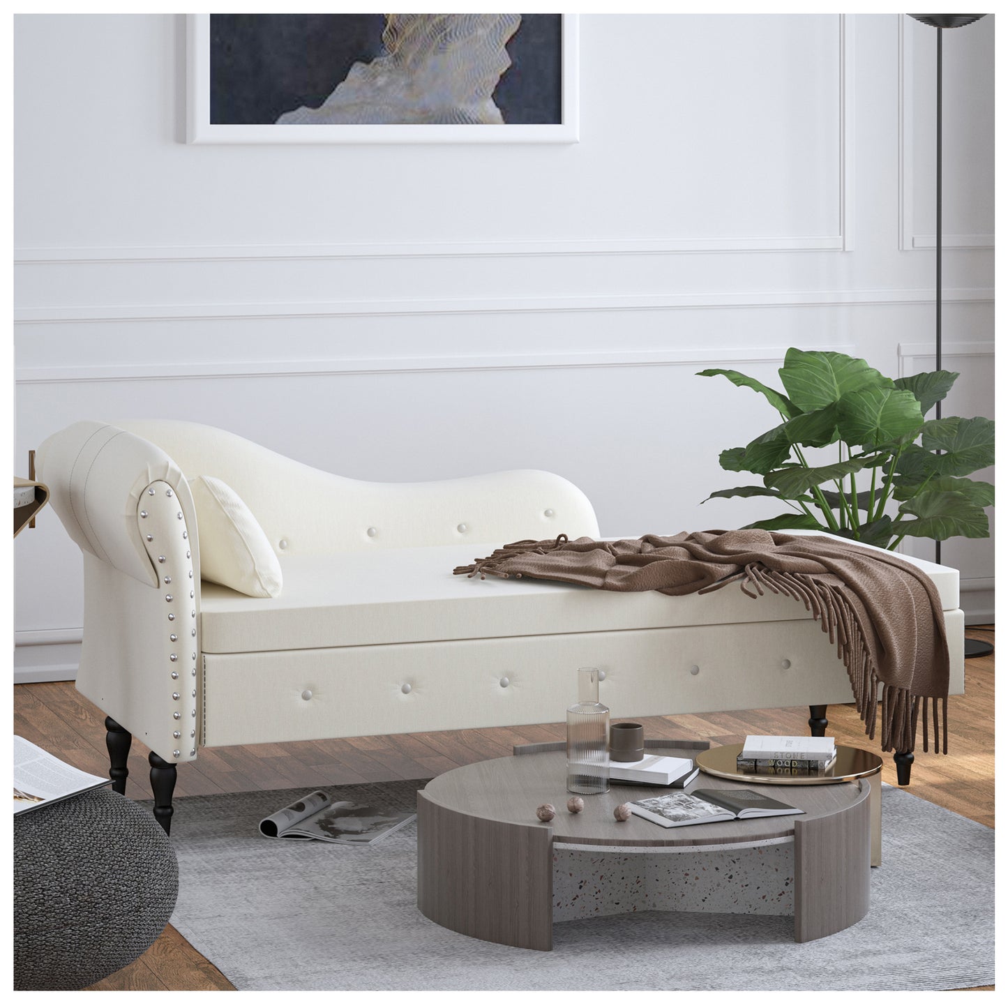 Storage Chaise Lounge Indoor - 60” Beige Velvet Lounge Chair