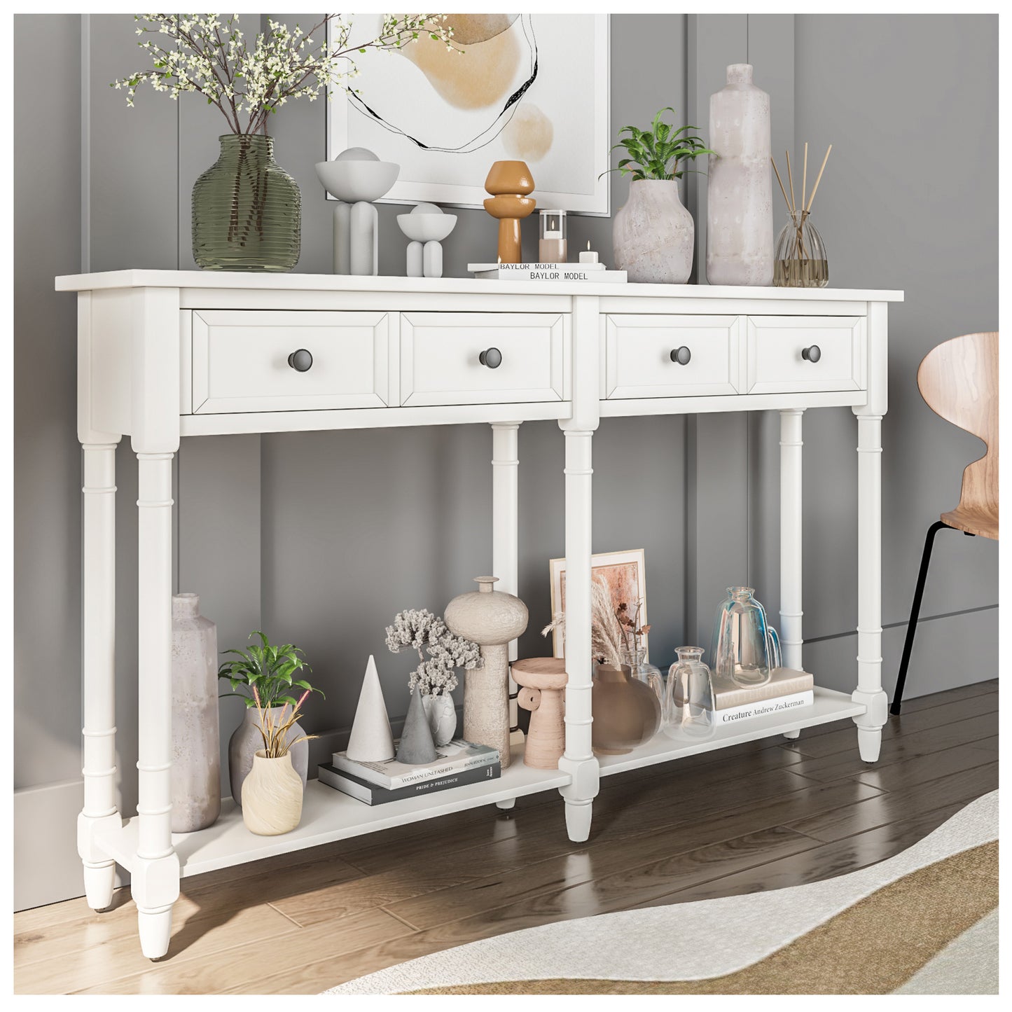 Small Entryway Table - Wood Ivory White 58” Console Table with Storage