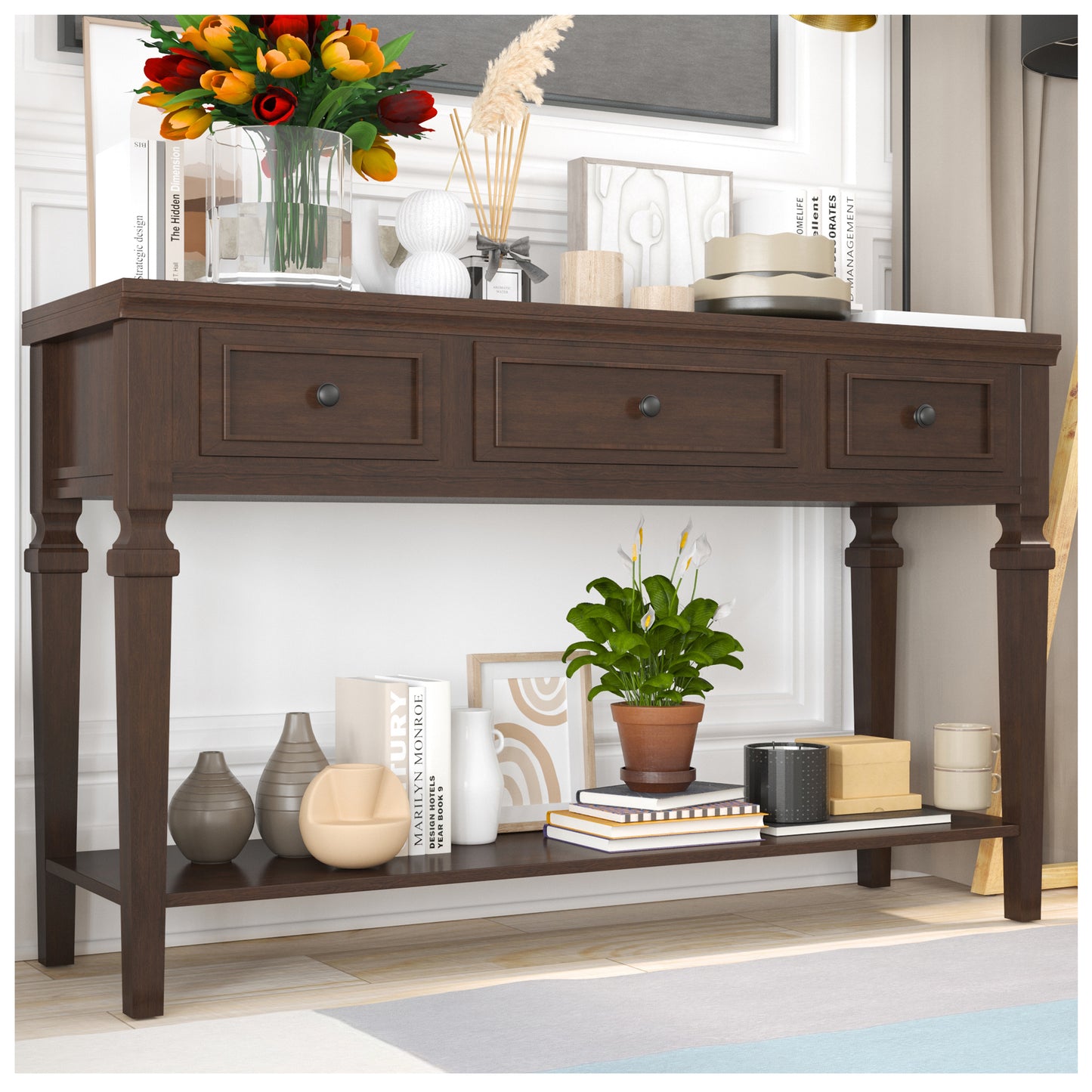 Console Table with Drawers - Espresso 50” Behind Couch Table Skinny