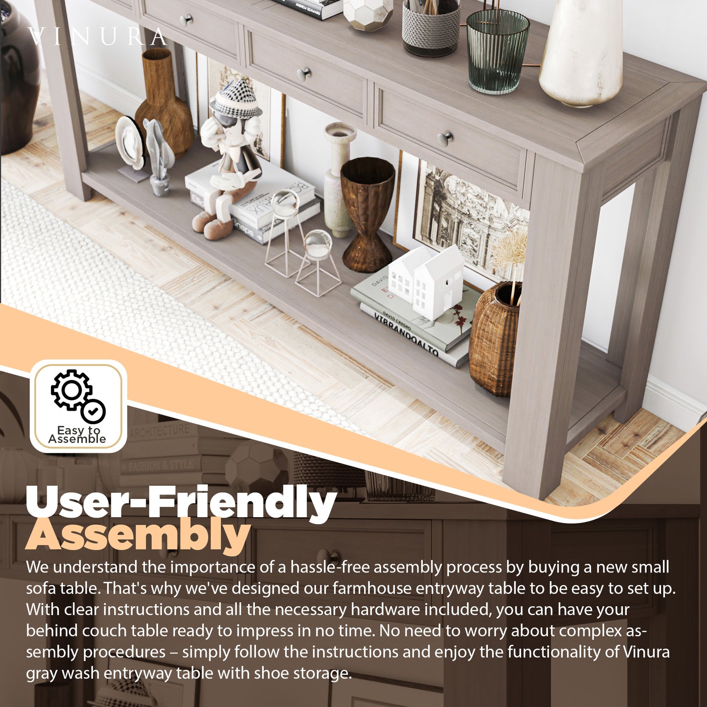 Console Tables for Entryway - Gray Wash 63” Hallway Table for Entryway