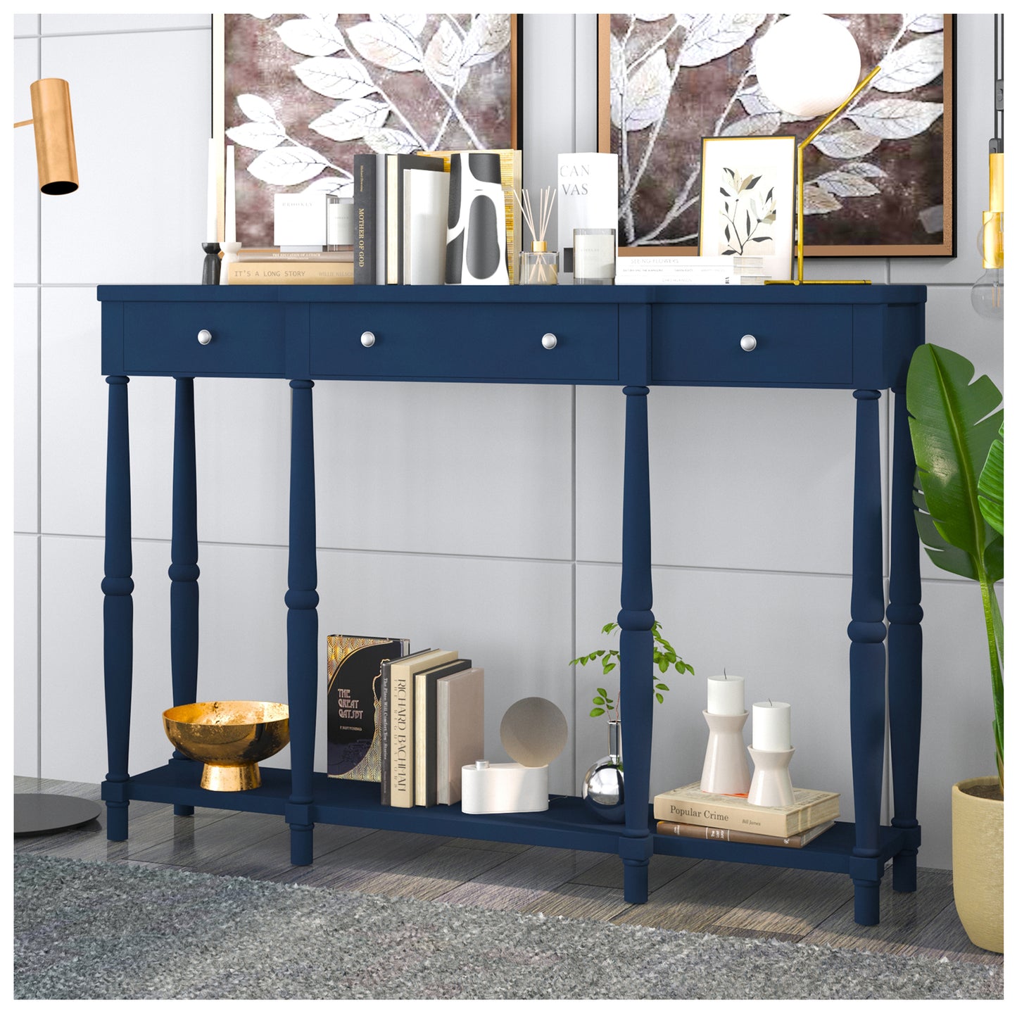 Console Table with Drawers - Navy Blue 60” Hallway Table for Entryway