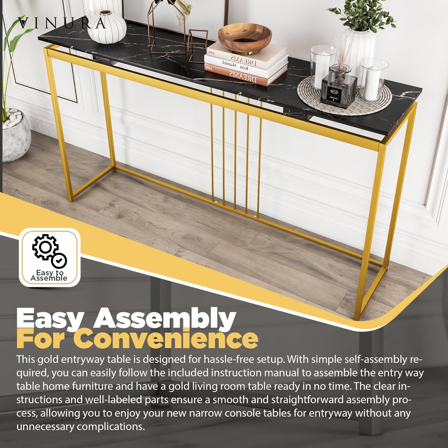 Narrow Console Table - Gold 63” Hallway Table for Entryway