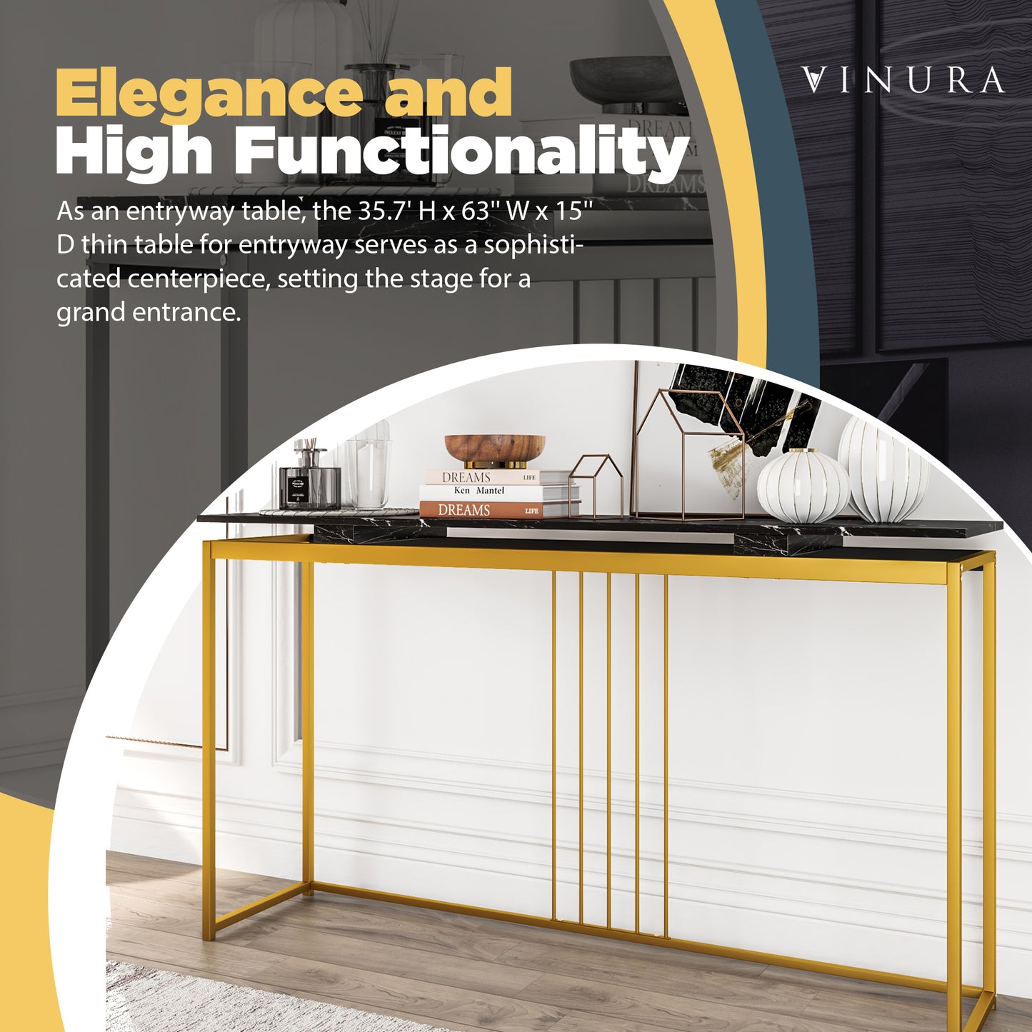 Narrow Console Table - Gold 63” Hallway Table for Entryway