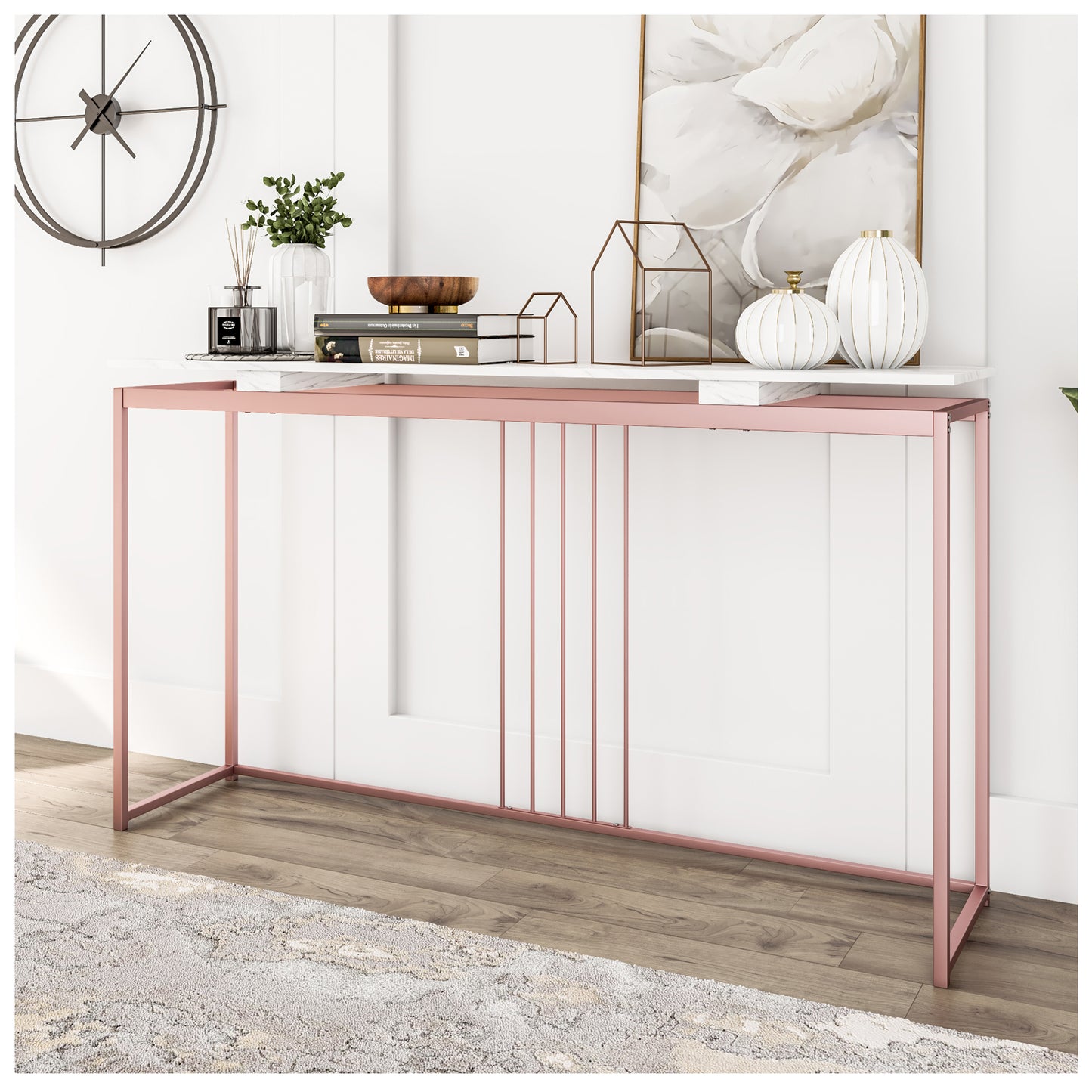 Narrow Console Table - Pink White 63” Hallway Table for Entryway