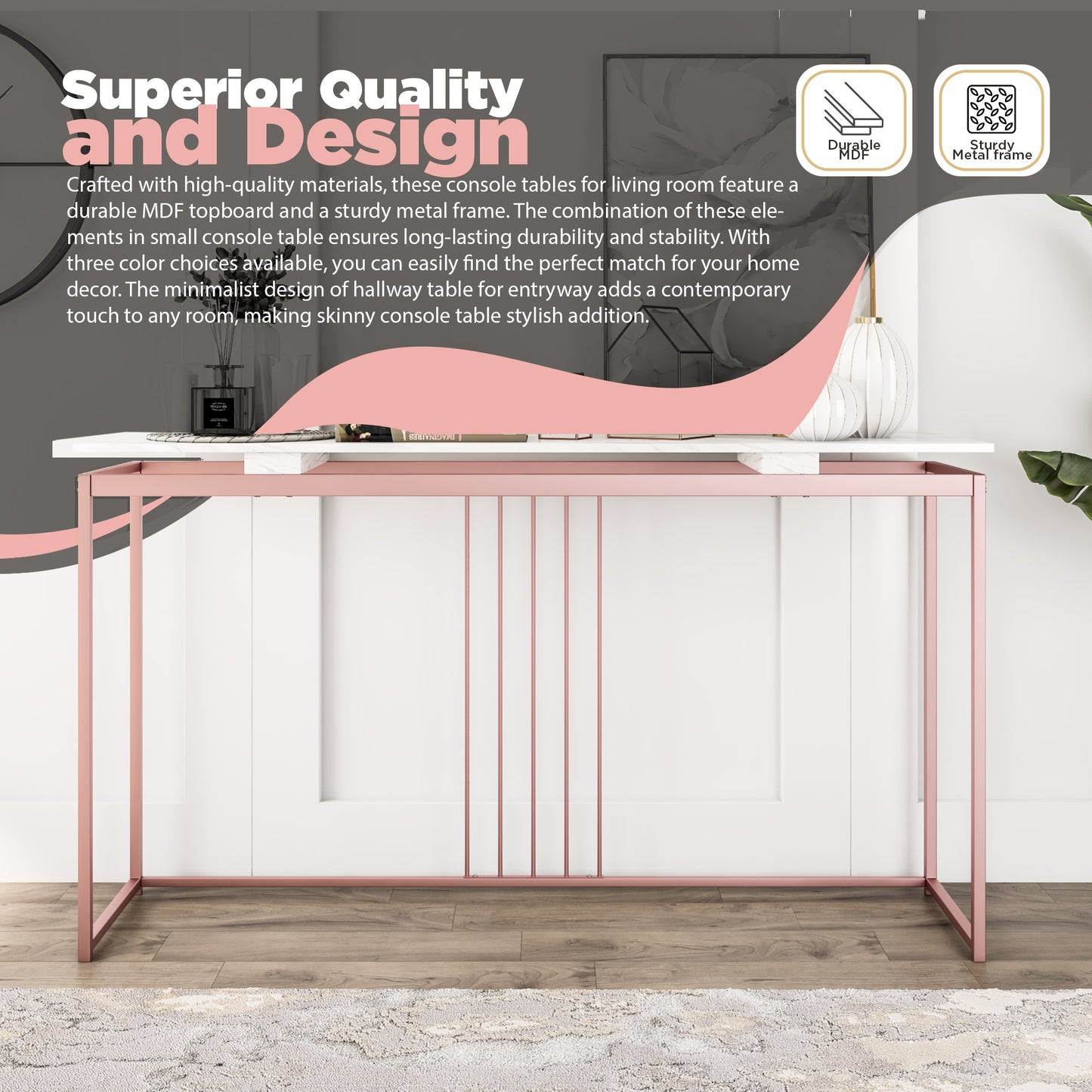 Narrow Console Table - Pink White 63” Hallway Table for Entryway