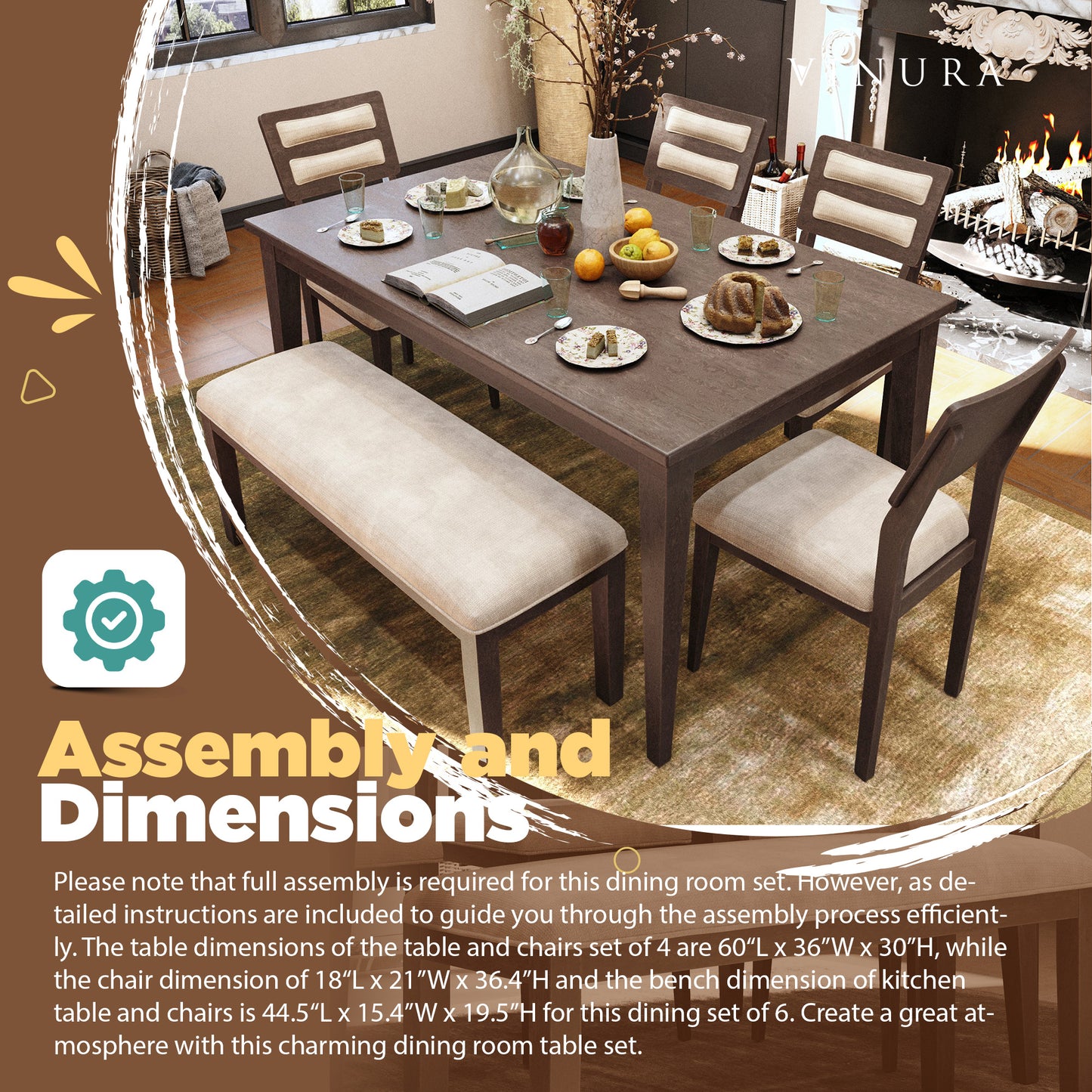 Kitchen & Dining Room Sets - Espresso 60” Dining Table Set for 6