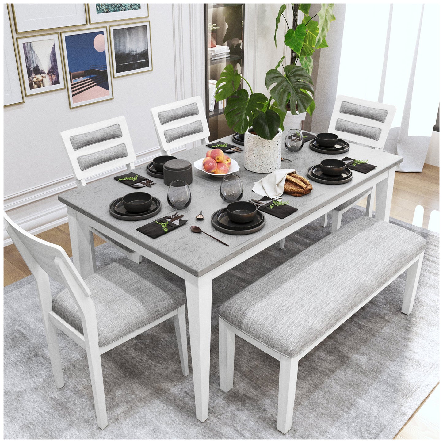 Kitchen Table and Chairs for 6 - White 60” Dining Table Set for 6