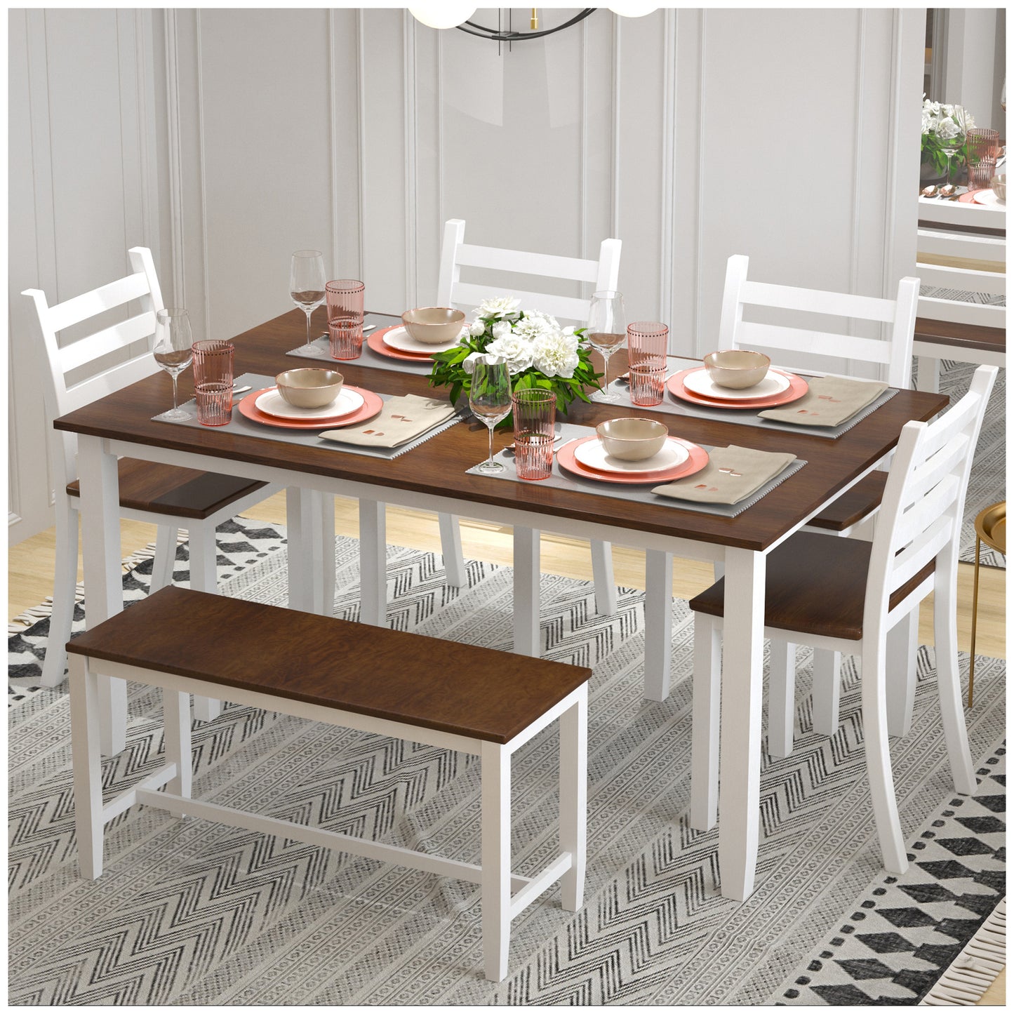 Kitchen & Dining Room Sets - Walnut + White 60” Dining Table Set for 6