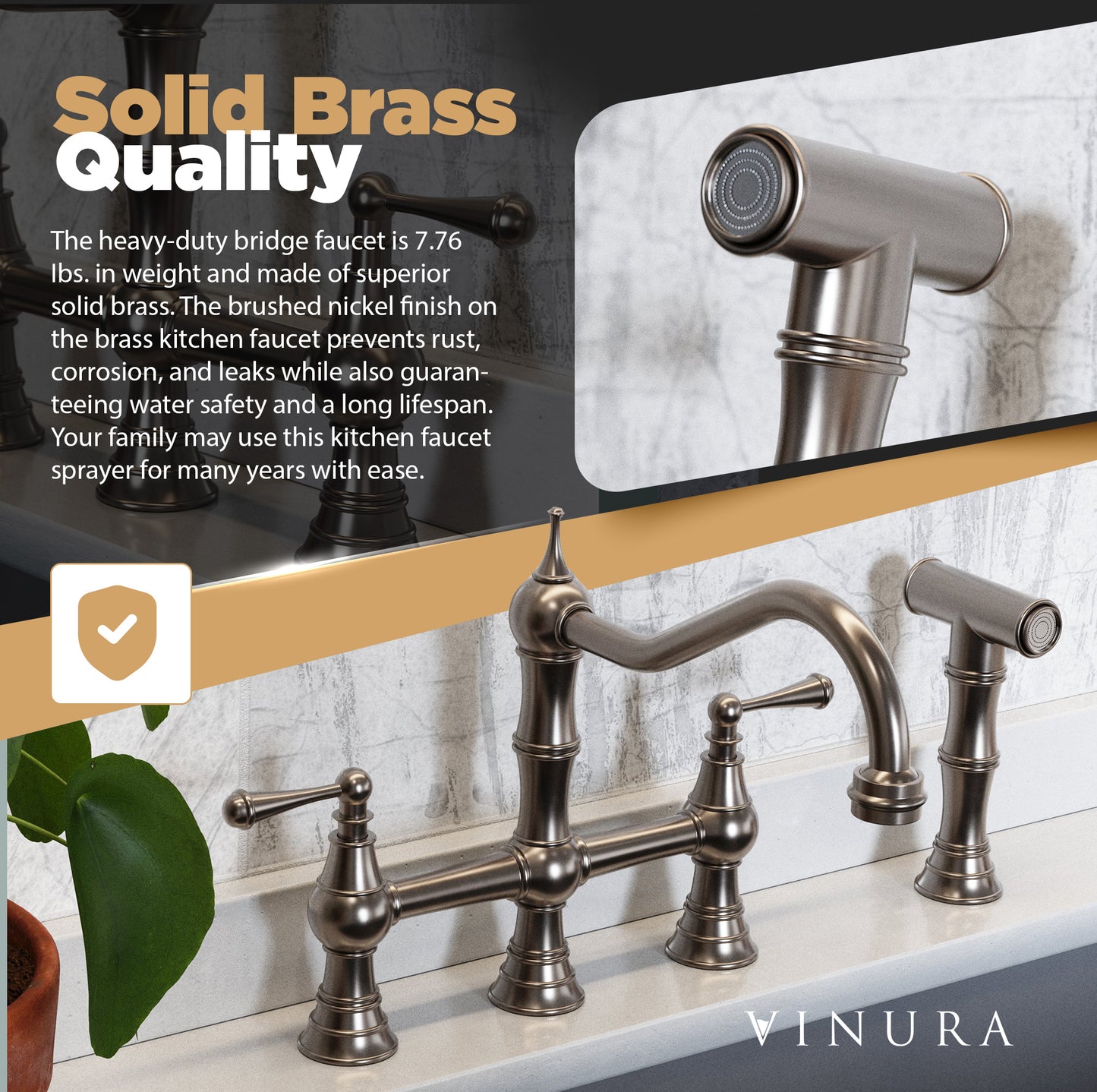 Brass Kitchen Faucet - 8” Brushed Nickel Kitchen Faucet with Sprayer