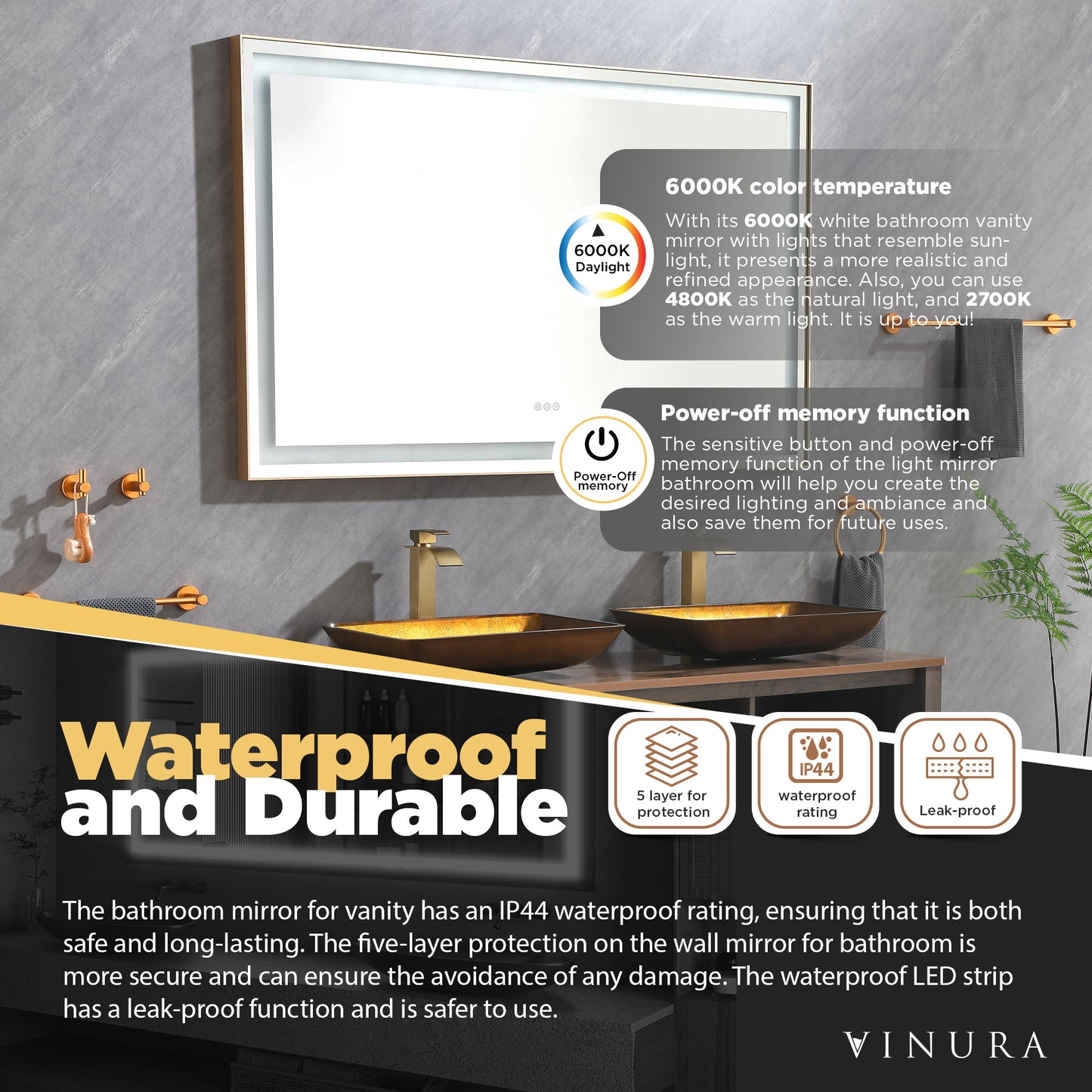 Modern LED Bathroom Mirror - Gold 60” Lighted Vanity Mirror