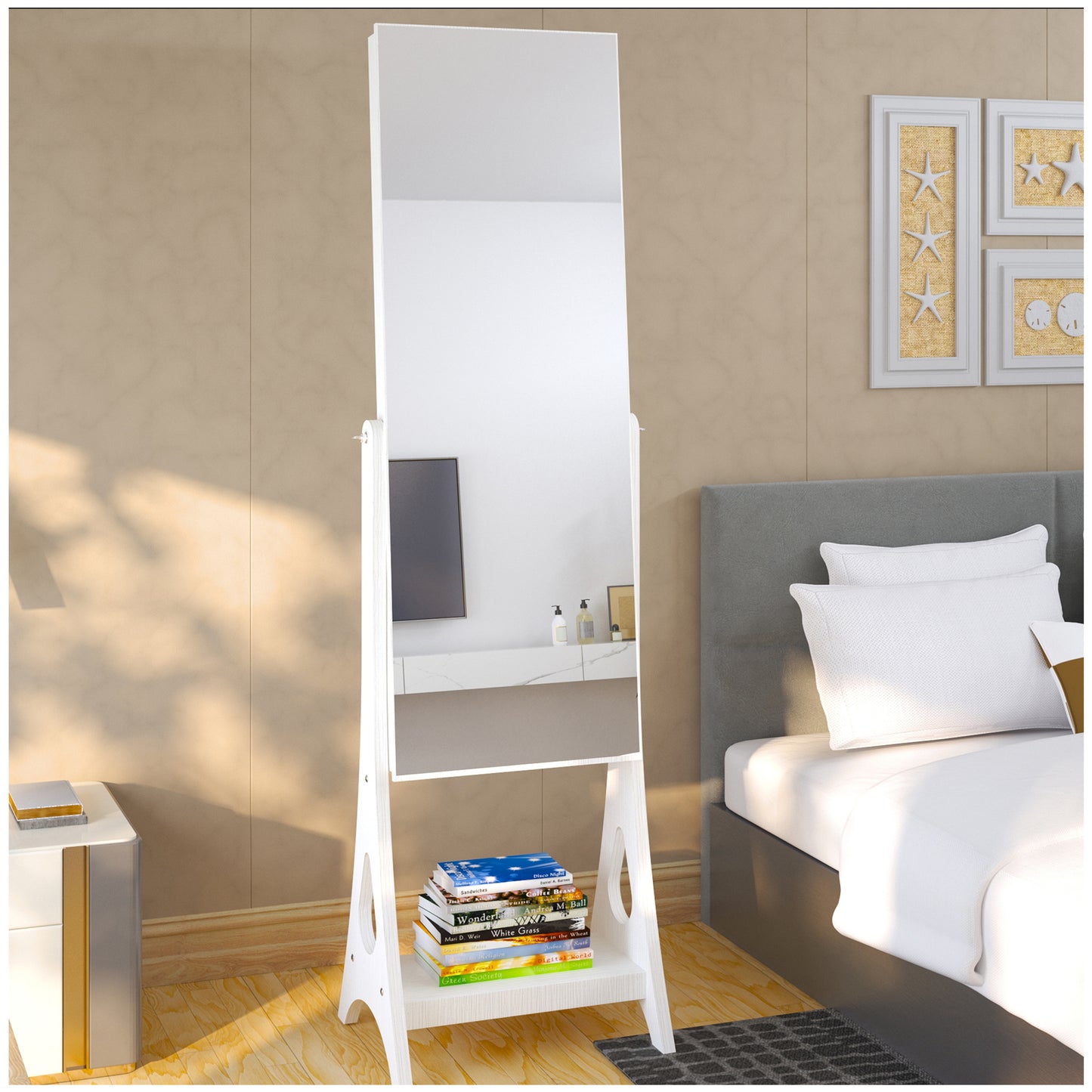 Full Length Mirror with Lights - 42” White Jewelry Organizer Stand