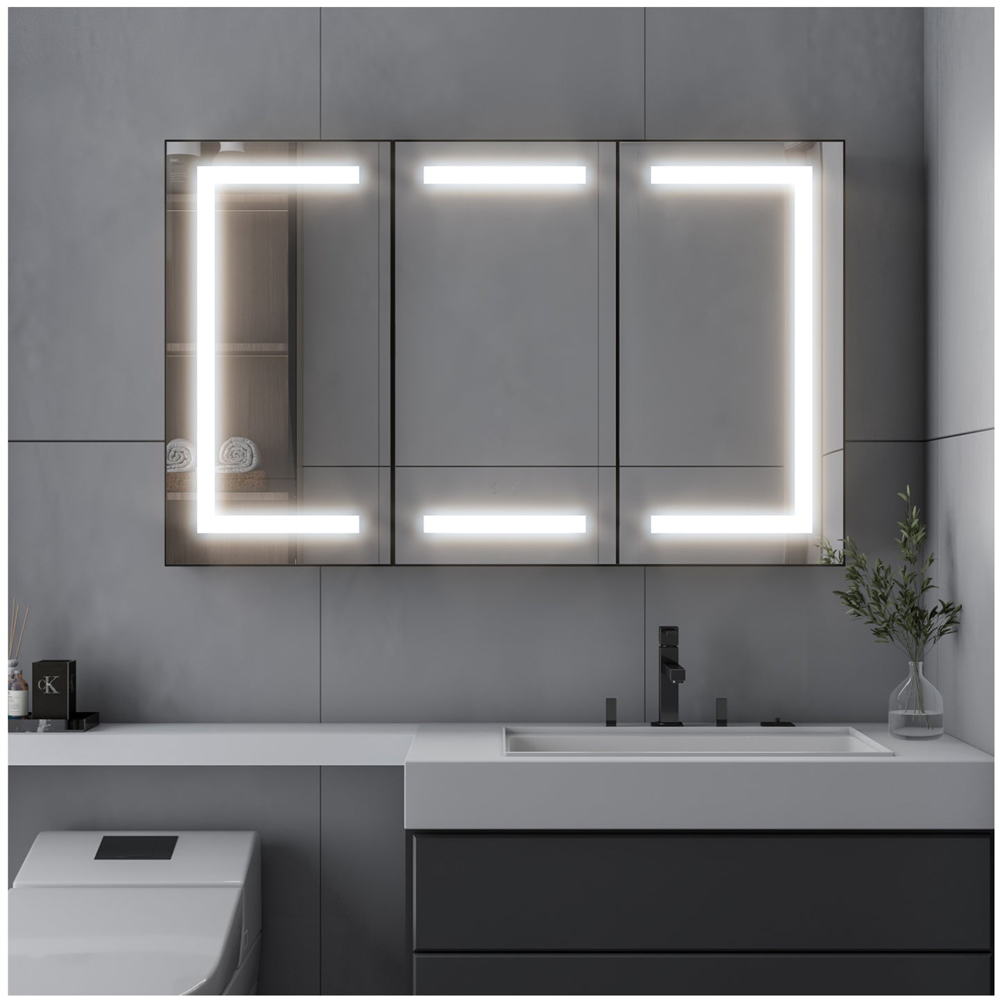 LED Bathroom Mirror - 48” Matte Black Recessed Medicine Cabinet