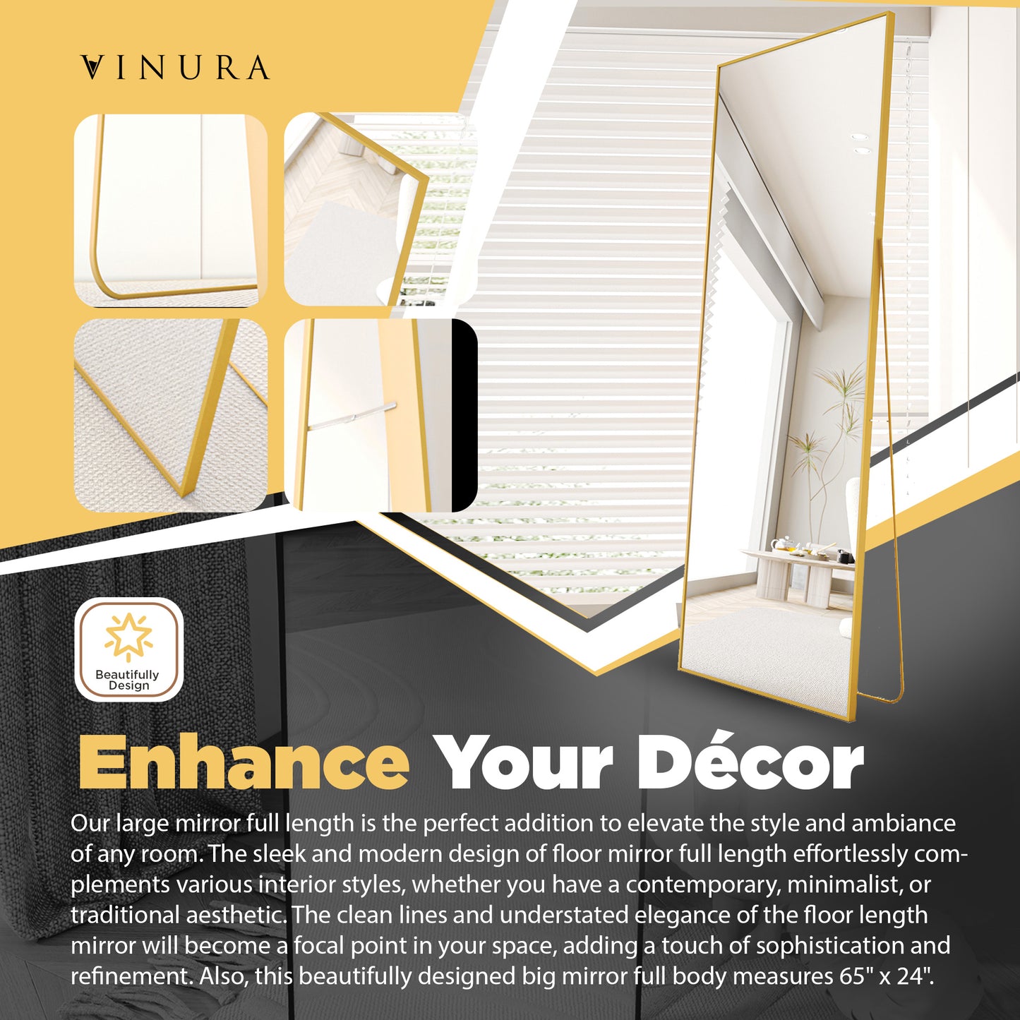 Floor & Full Length Mirrors - 65” Gold Full Body Mirror for Bedroom