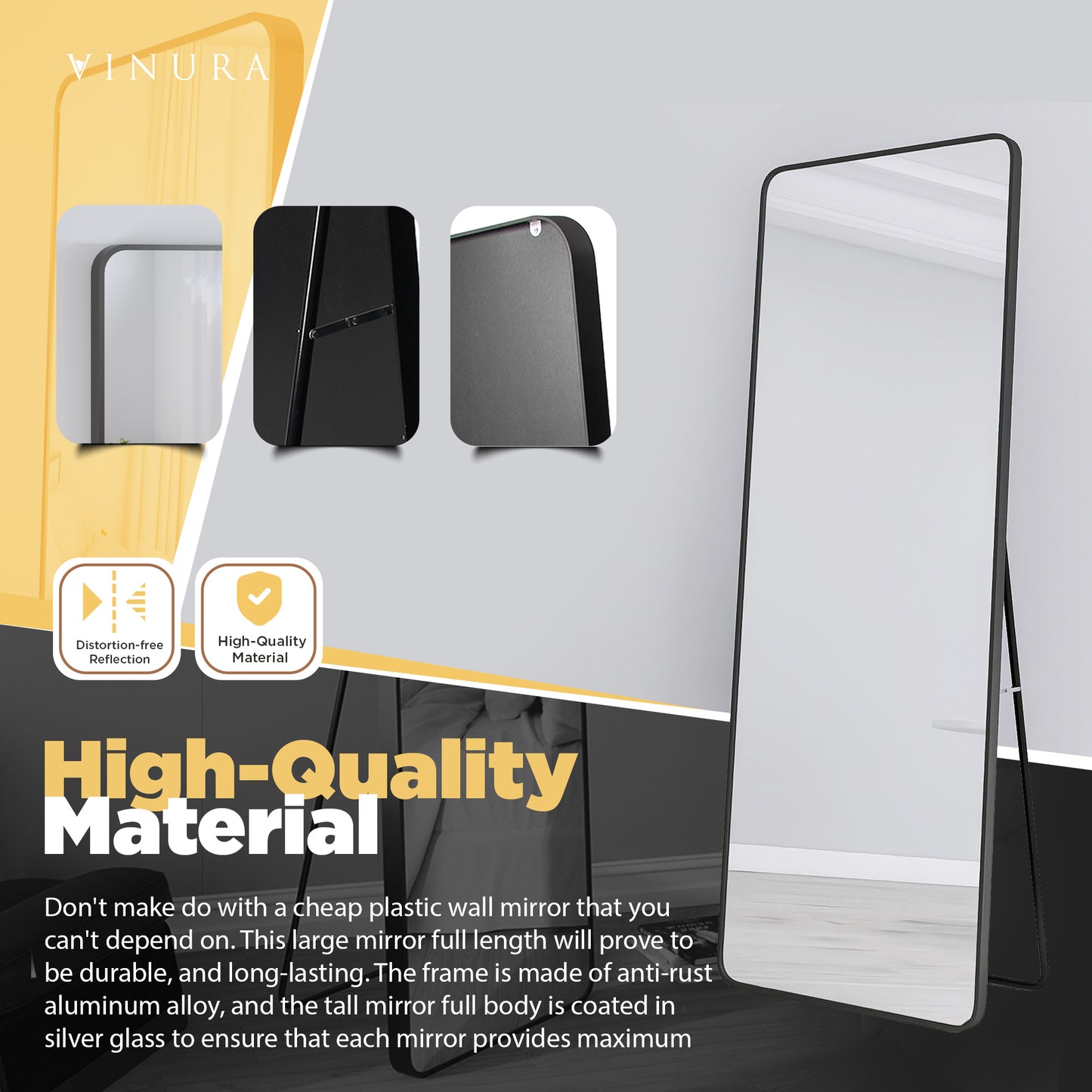 Modern Long Mirrors for Bedroom - 65” Black Floor Mirror Full Length