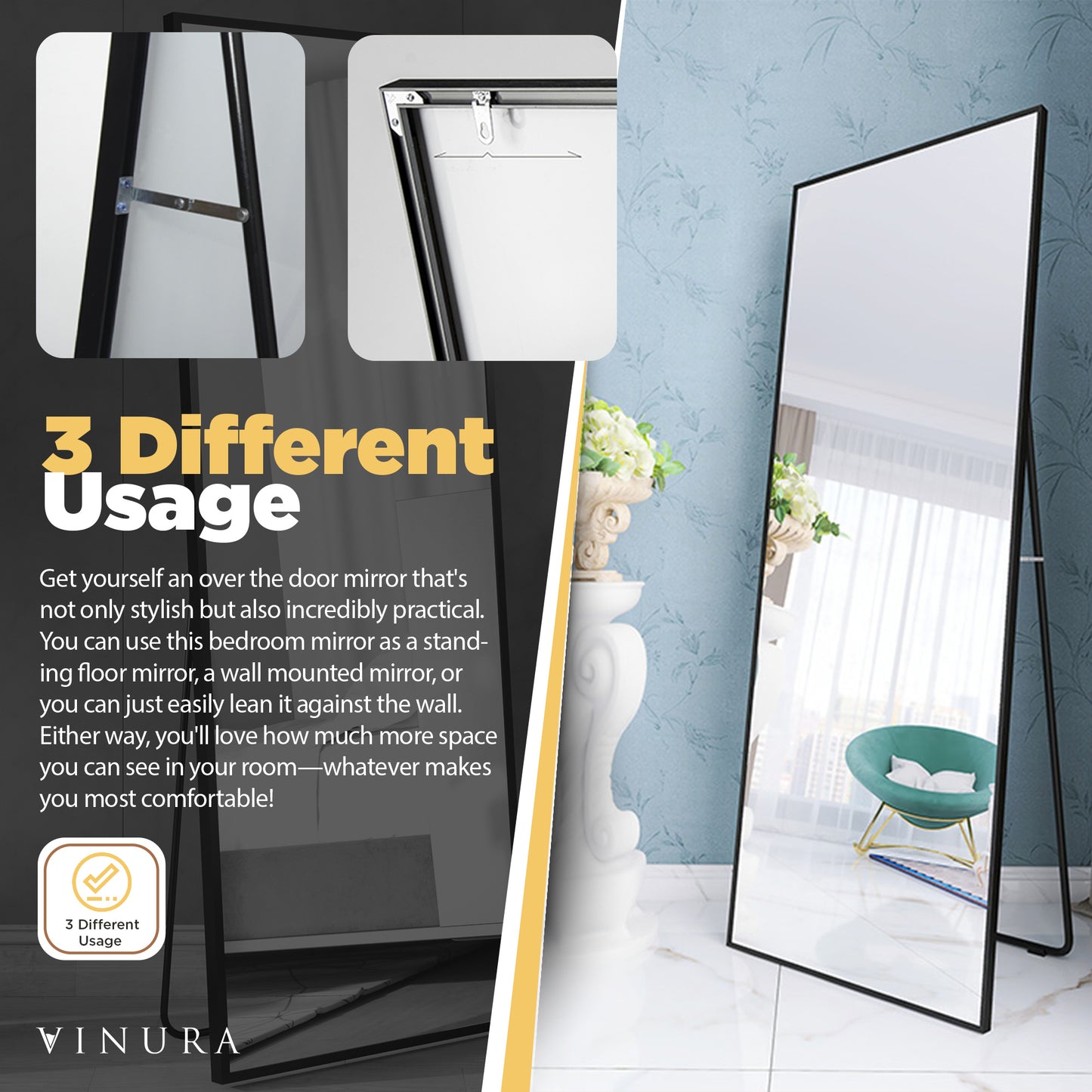 Modern Long Mirrors for Bedroom - 65” Black Floor Mirror Full Length