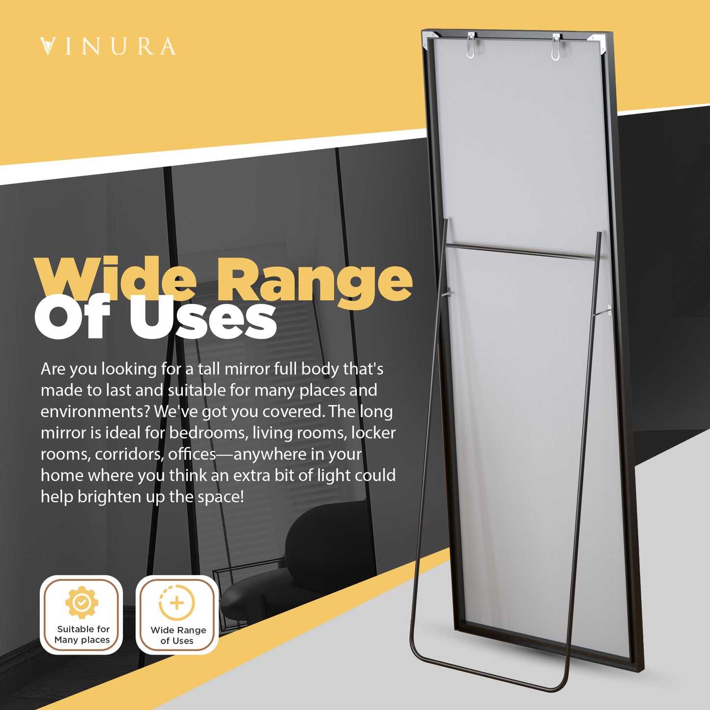 Modern Long Mirrors for Bedroom - 65” Black Floor Mirror Full Length