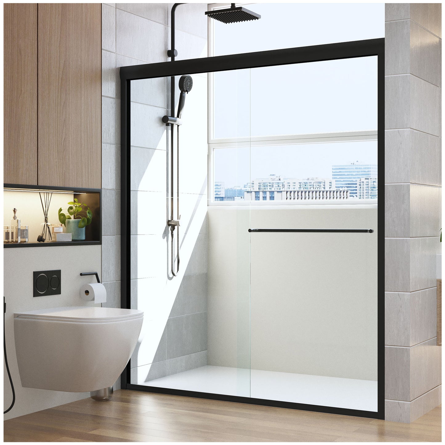 Sliding Framed Shower Glass Door - Matte Black Aluminum Shower Panels