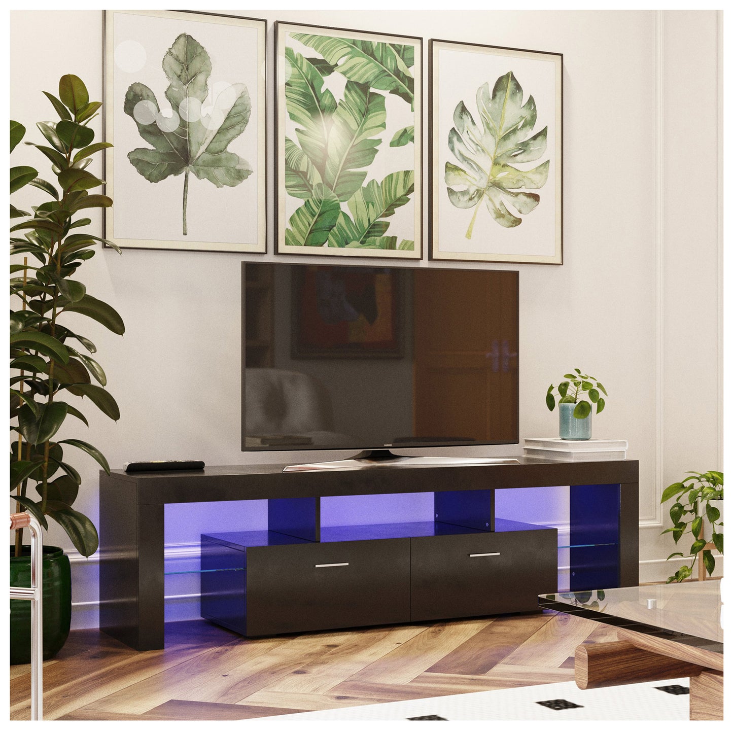 Modern TV Stand with LED Lights - 63” Black TV Entertainment Center