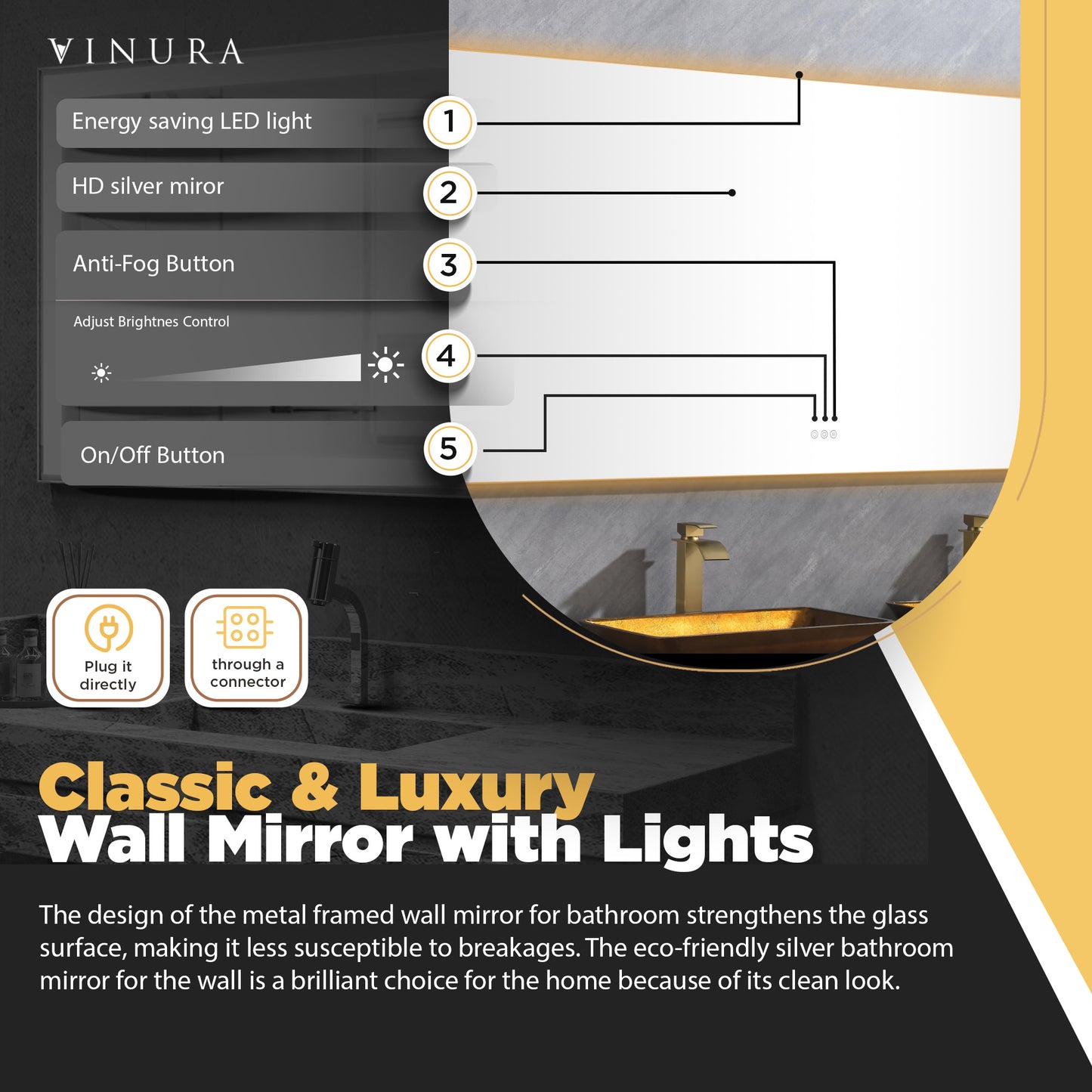 Frameless Bathroom Mirror - 60” Gunmetal Black Led Bathroom Mirror