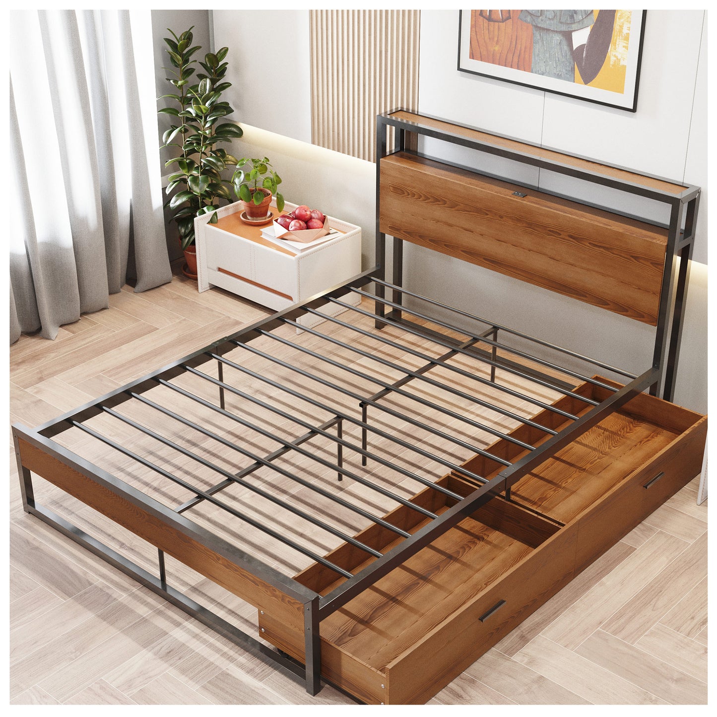 Platform Bed Frame Full Size - Metal Bed Frame Full w/ 2 Drawers