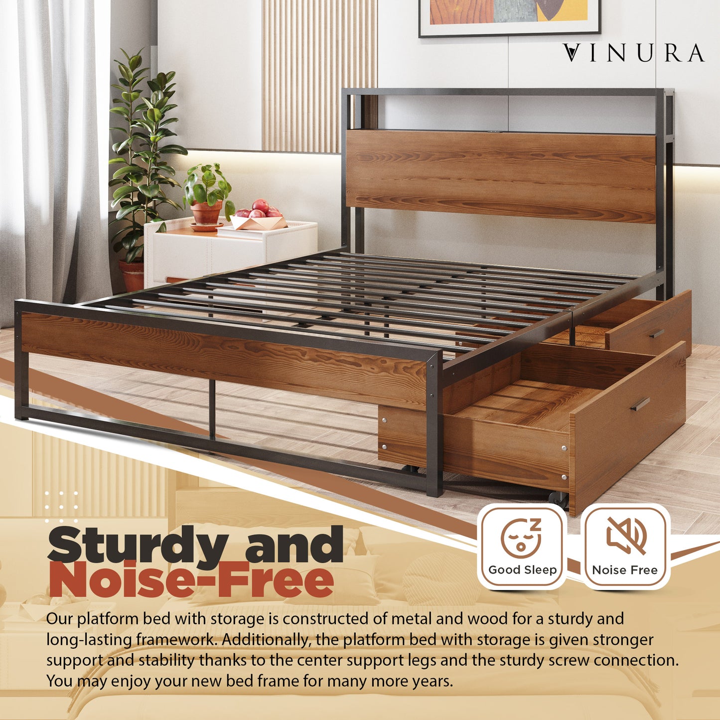 Platform Bed Frame Full Size - Metal Bed Frame Full w/ 2 Drawers