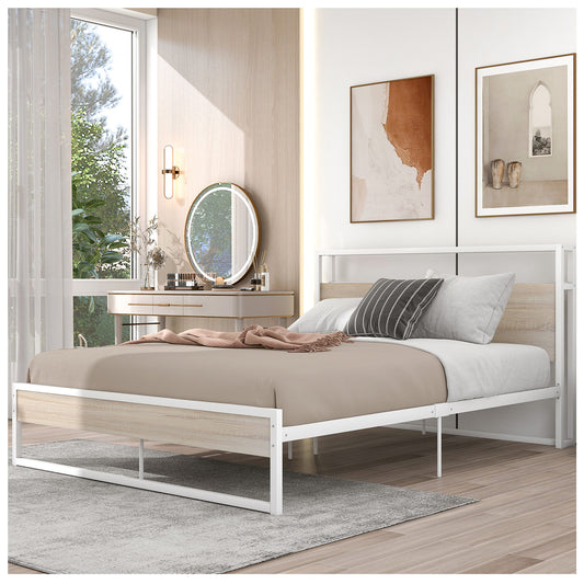 Bed Frame Queen Size - White Metal Bed Frame Queen w/ USB Port