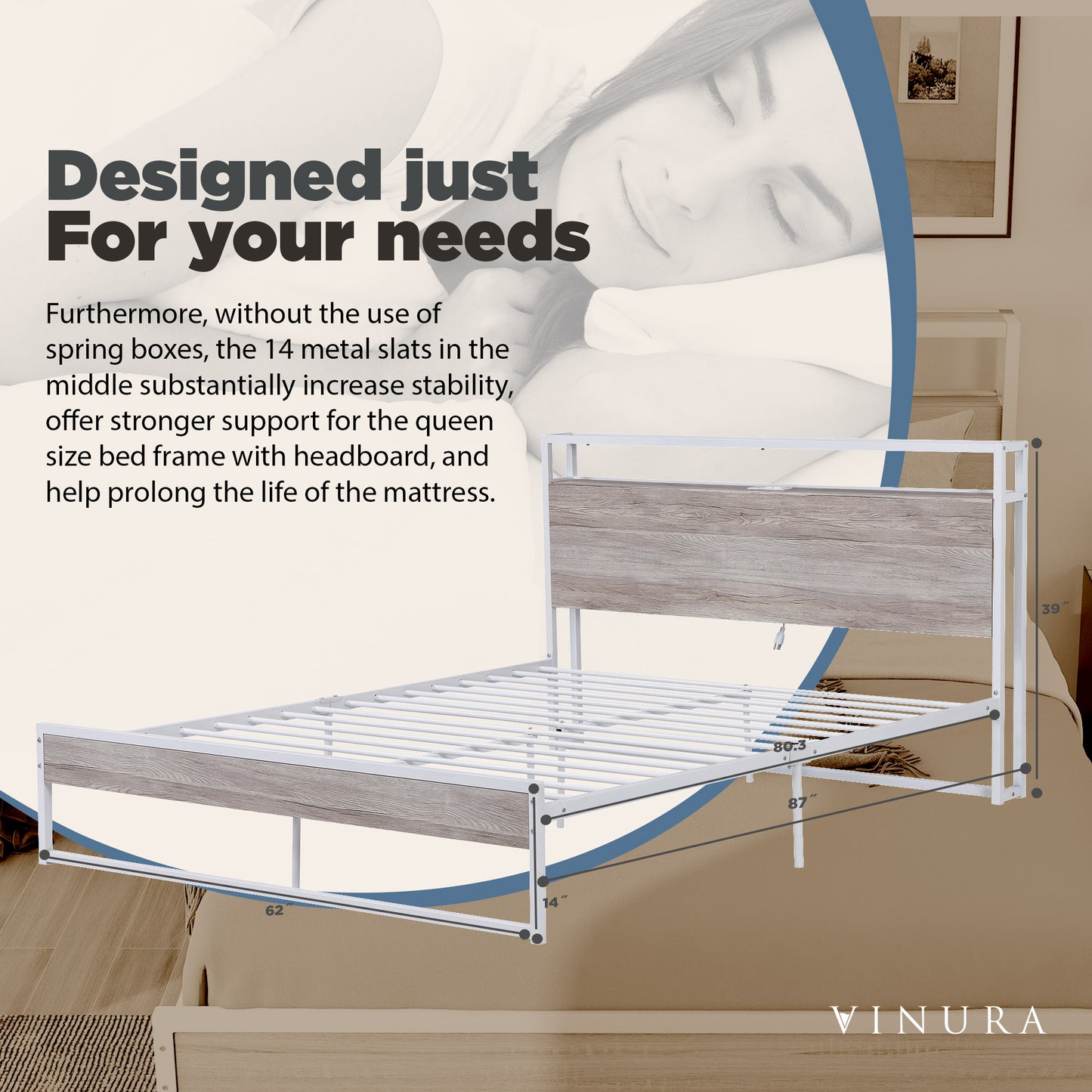 Bed Frame Queen Size - White Metal Bed Frame Queen w/ USB Port