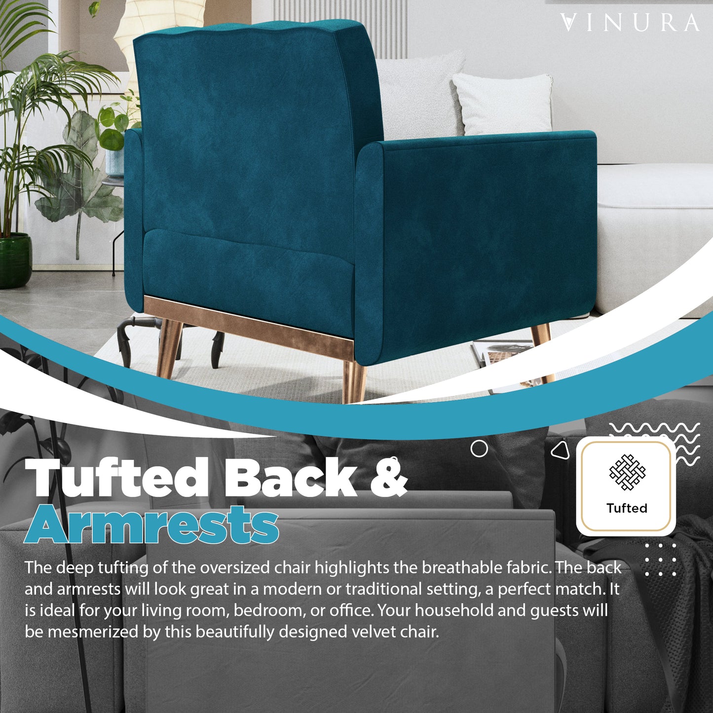 Accent Chairs for Living Room - Modern Teal Velvet Reading Chair