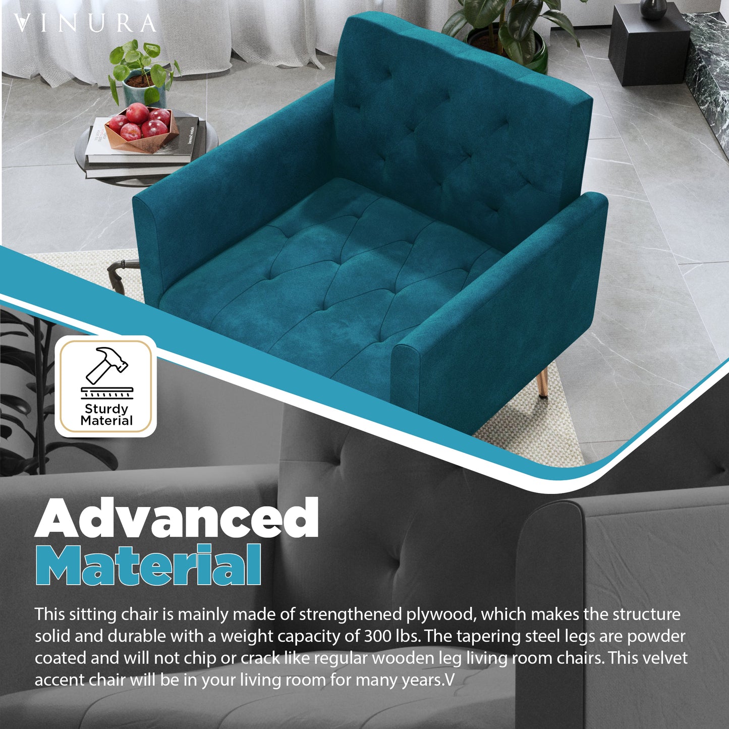 Accent Chairs for Living Room - Modern Teal Velvet Reading Chair