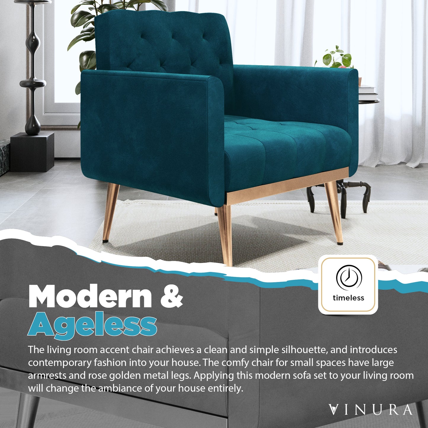 Accent Chairs for Living Room - Modern Teal Velvet Reading Chair