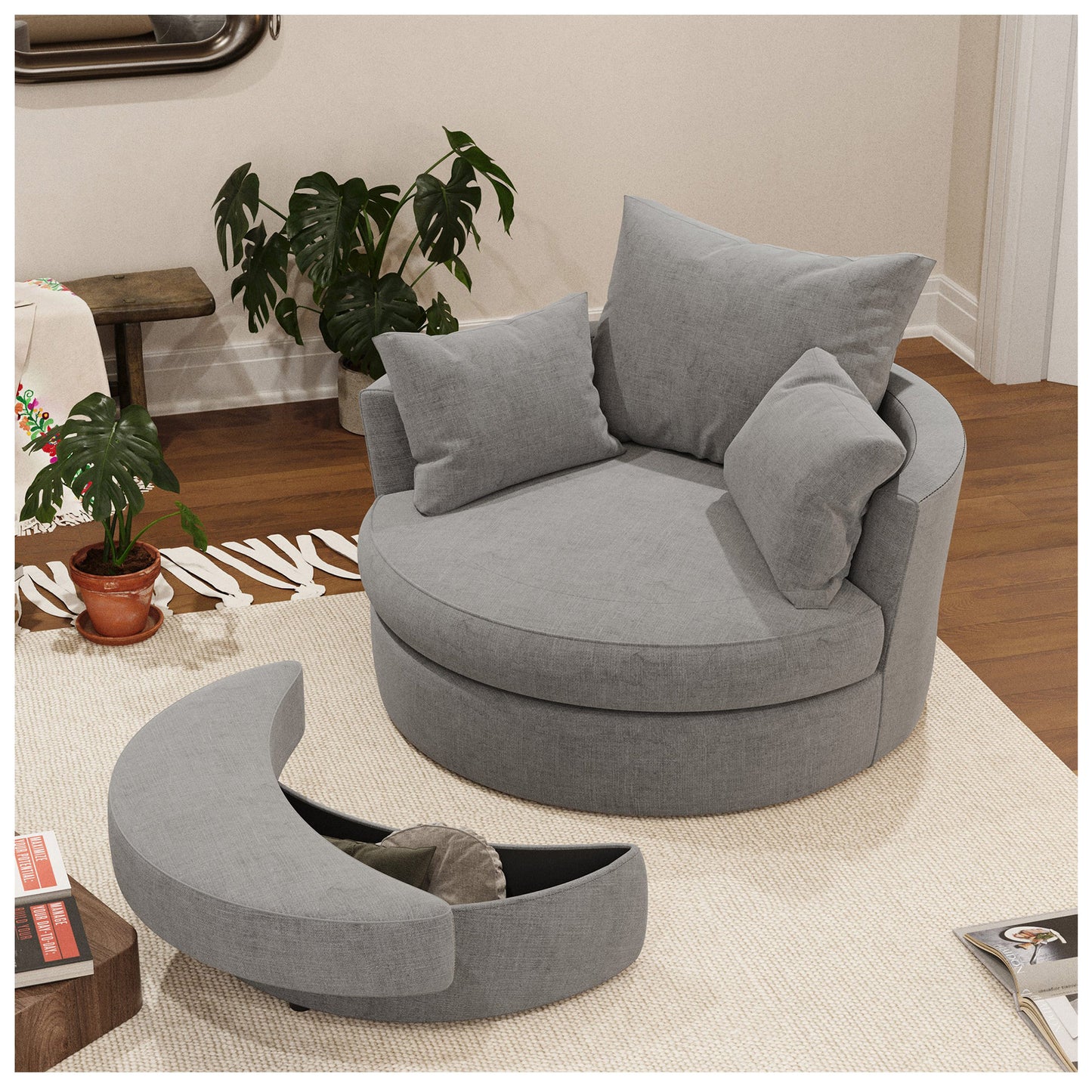 Swivel Accent Chair - Dark Grey Papasan Chair with Storage Ottoman