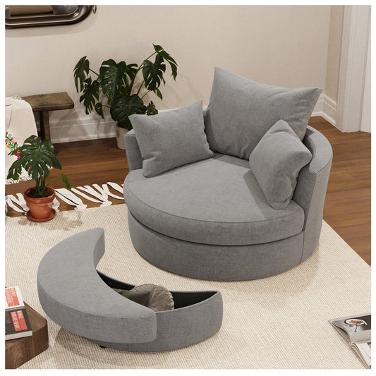 Swivel Accent Chair - Dark Grey Papasan Chair with Storage Ottoman