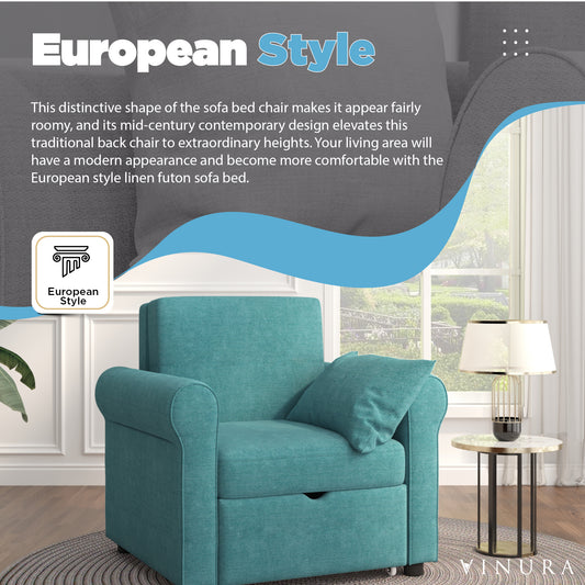 Ergonomic Accent Chairs - Modern Teal Linen Convertible Sofa