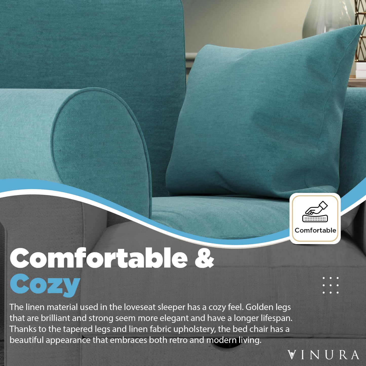 Ergonomic Accent Chairs - Modern Teal Linen Convertible Sofa