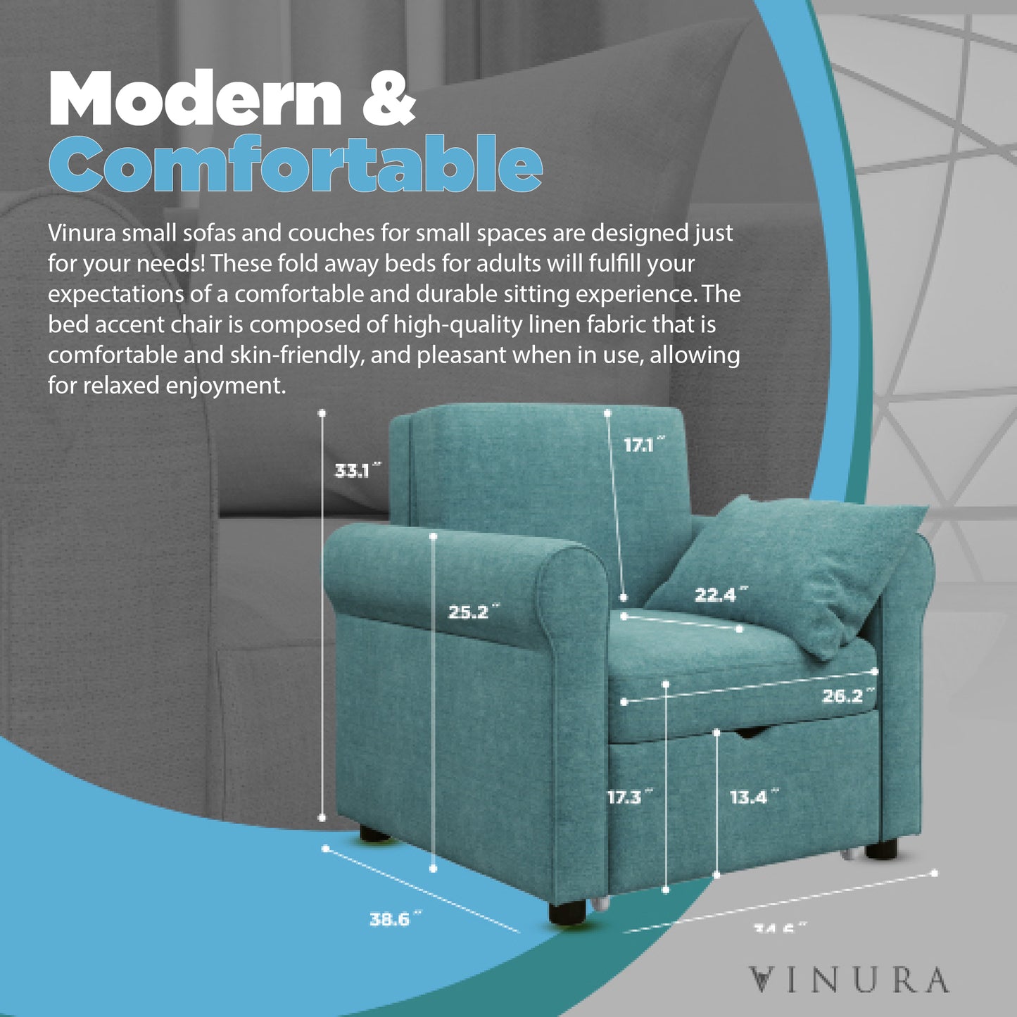 Ergonomic Accent Chairs - Modern Teal Linen Convertible Sofa