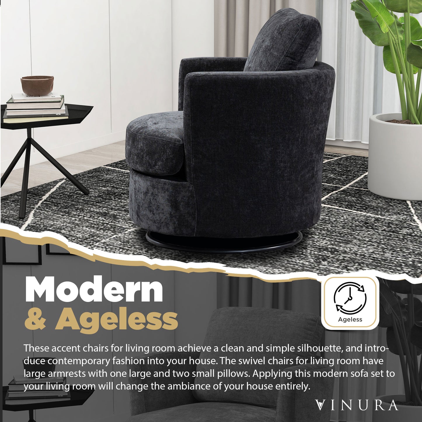 Modern Living Room Chairs - Black 360 Degree Swivel Barrel Chair