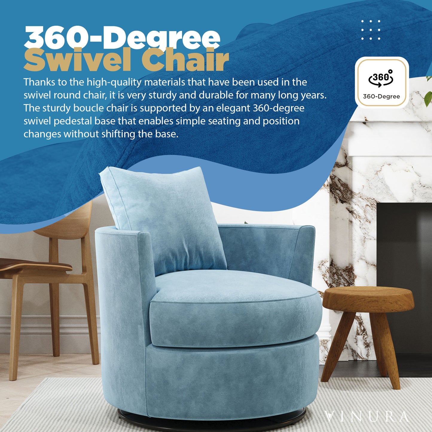 Modern Living Room Chair - 360 Degree Swivel Blue Accent Chair 32”