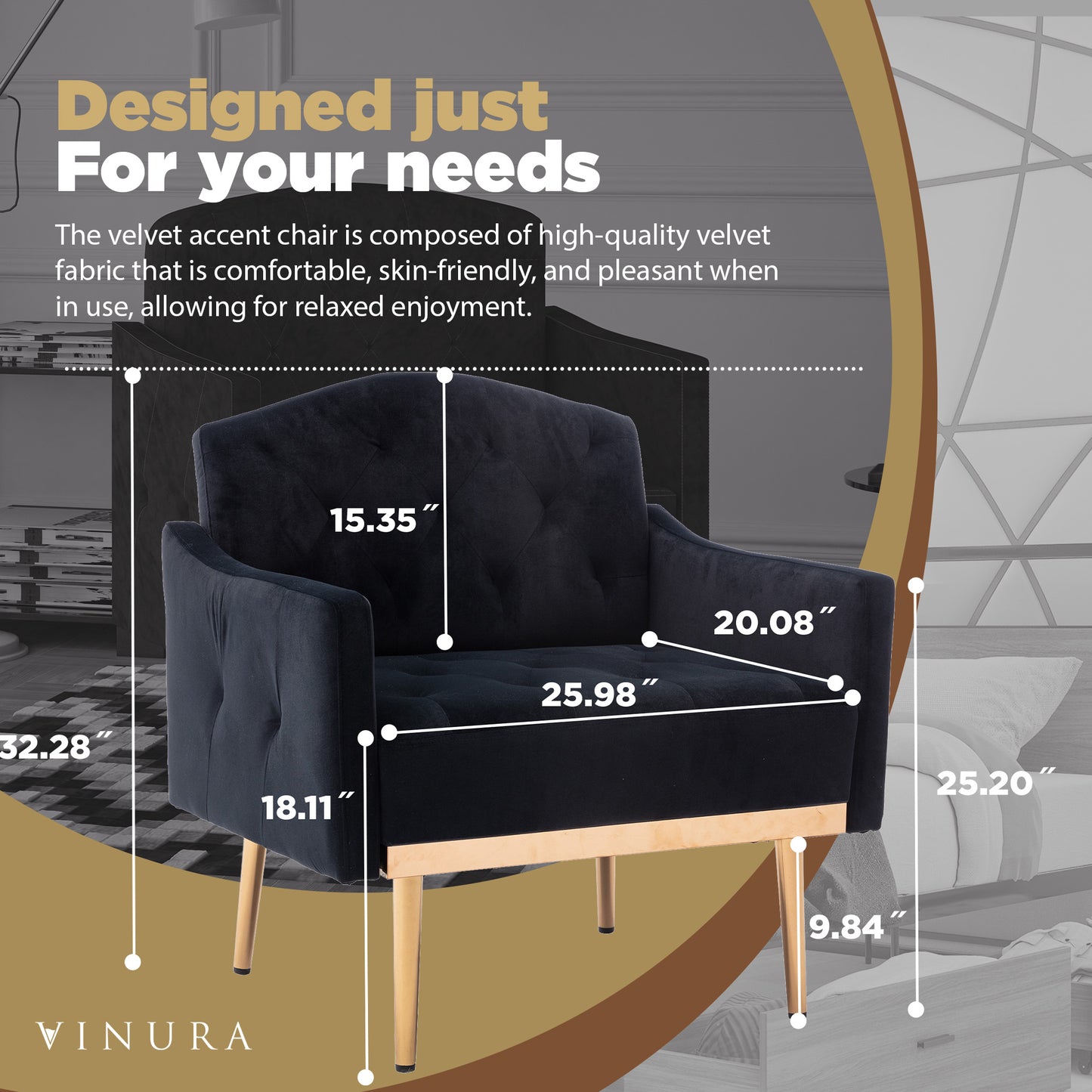 Ergonomic Accent Chairs for Bedroom - Modern Velvet Black Accent Chair