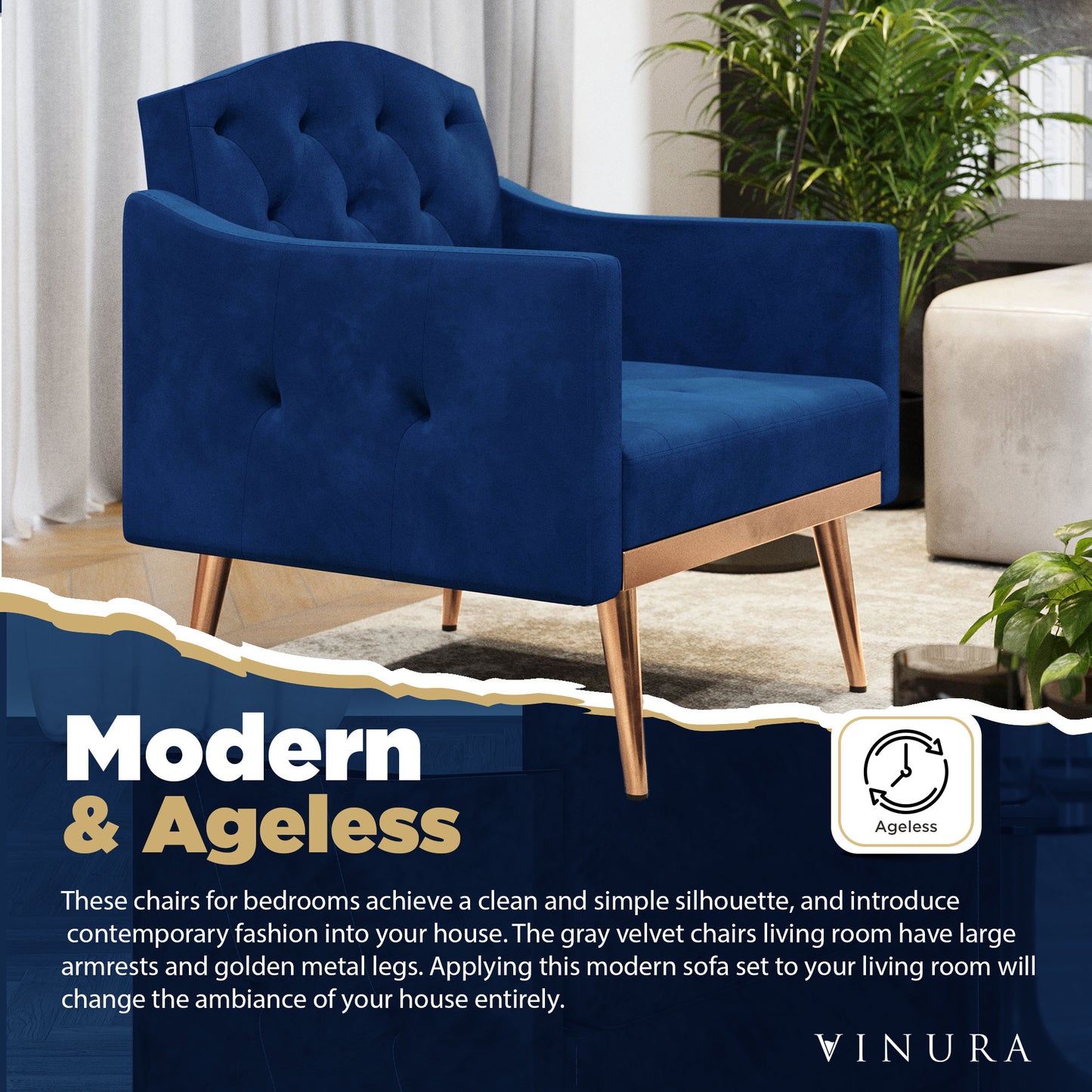 Modern & Velvet Accent Chairs - Metal European Navy Blue Accent Chair